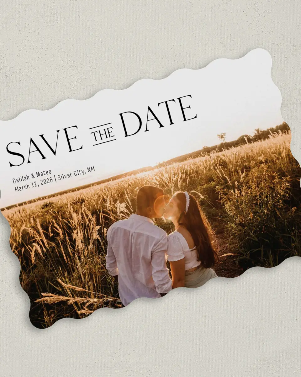 This is a 5" x 7" Save the Date Card called Bold Adoration printed in full color on Premium Smooth paper