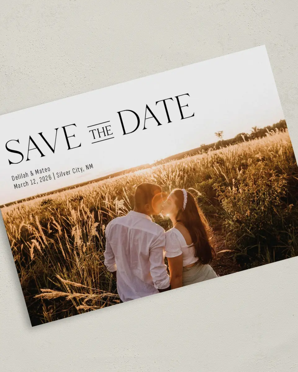 This is a 5" x 7" Save the Date Card called Bold Adoration printed in full color on Premium Smooth paper