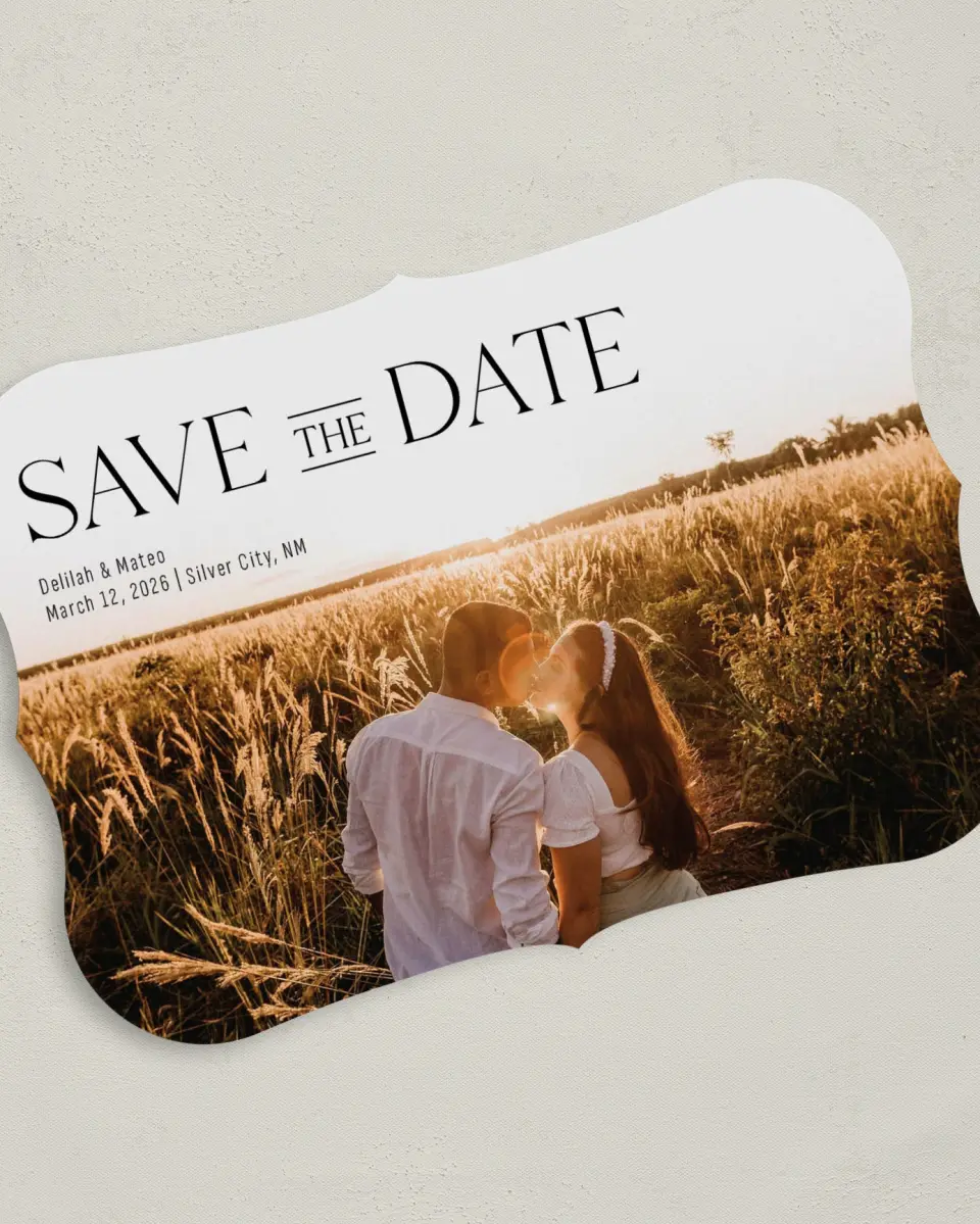 This is a 5" x 7" Save the Date Card called Bold Adoration printed in full color on Premium Smooth paper