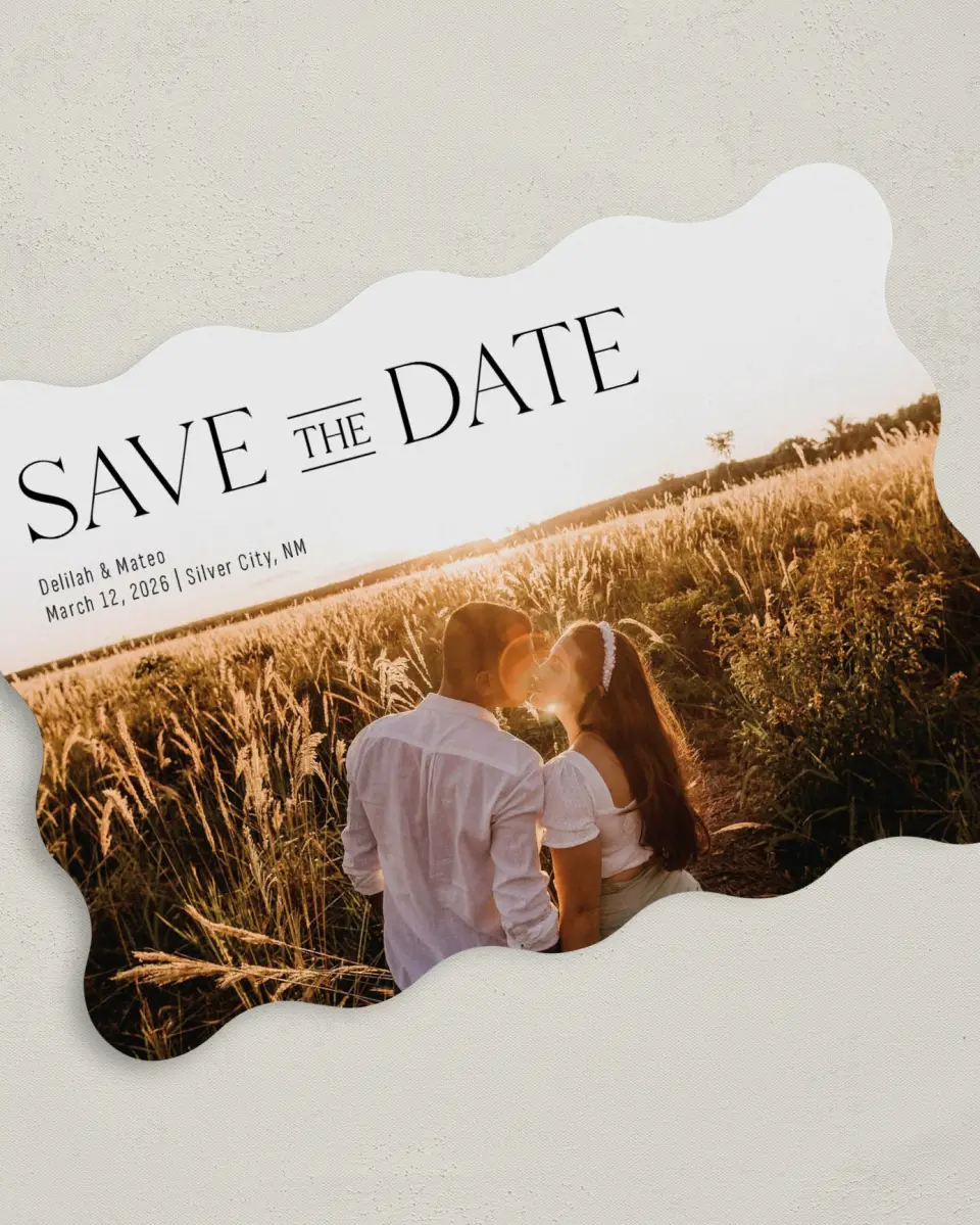 This is a 5" x 7" Save the Date Card called Bold Adoration printed in full color on Premium Smooth paper