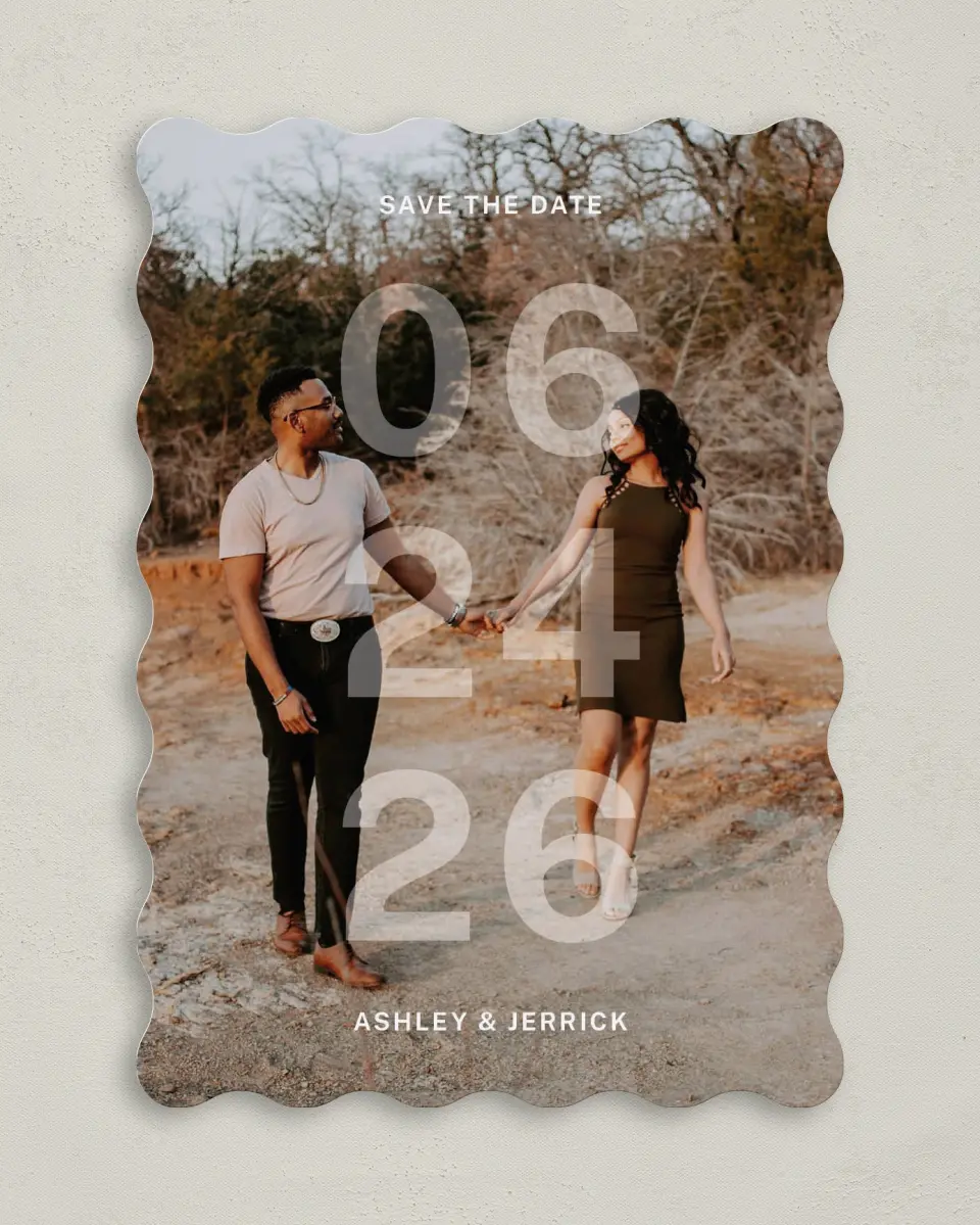 This is a 5" x 7" Save the Date Card called Overlaid Date printed in full color on Premium Smooth paper