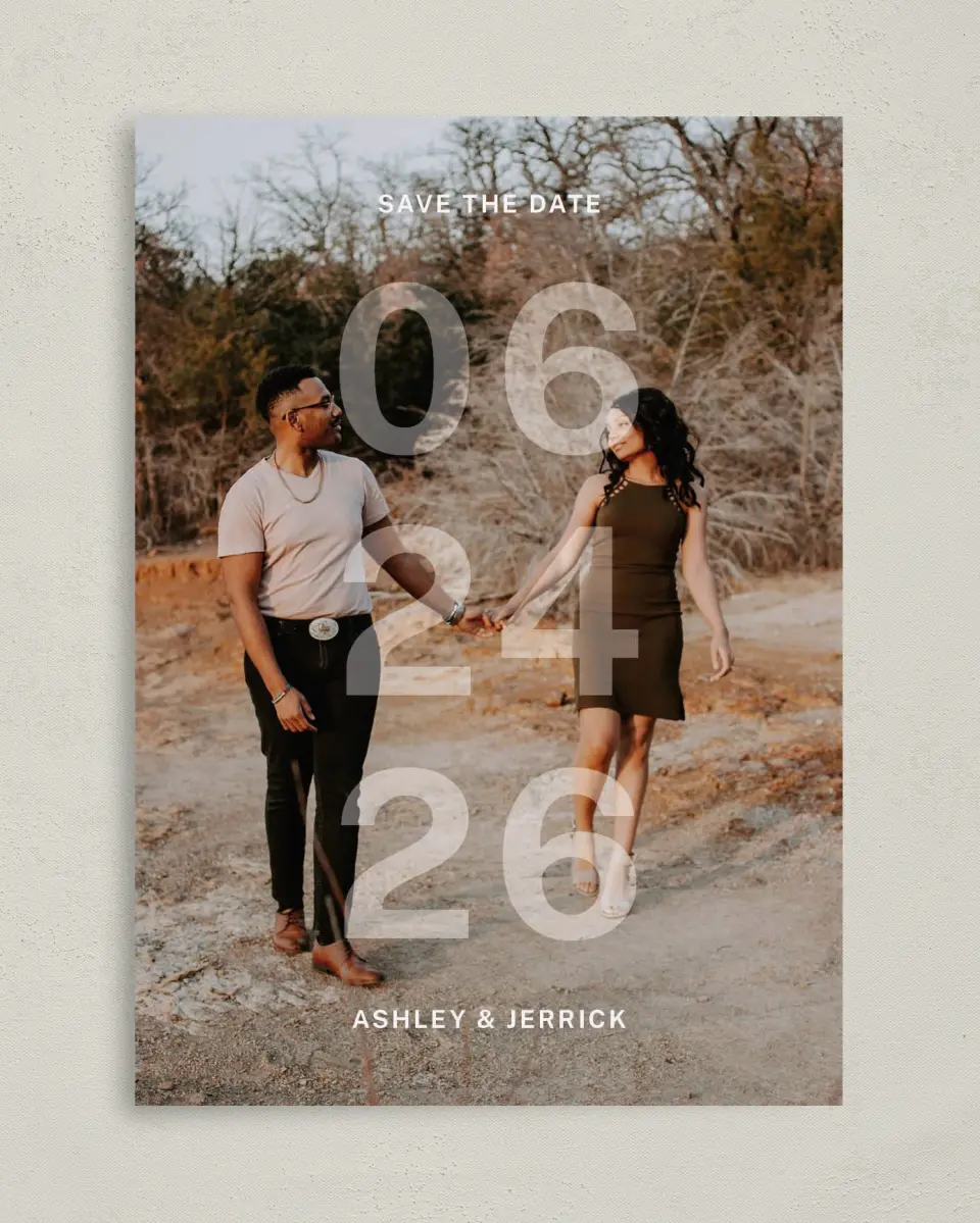 This is a 5" x 7" Save the Date Card called Overlaid Date printed in full color on Premium Smooth paper