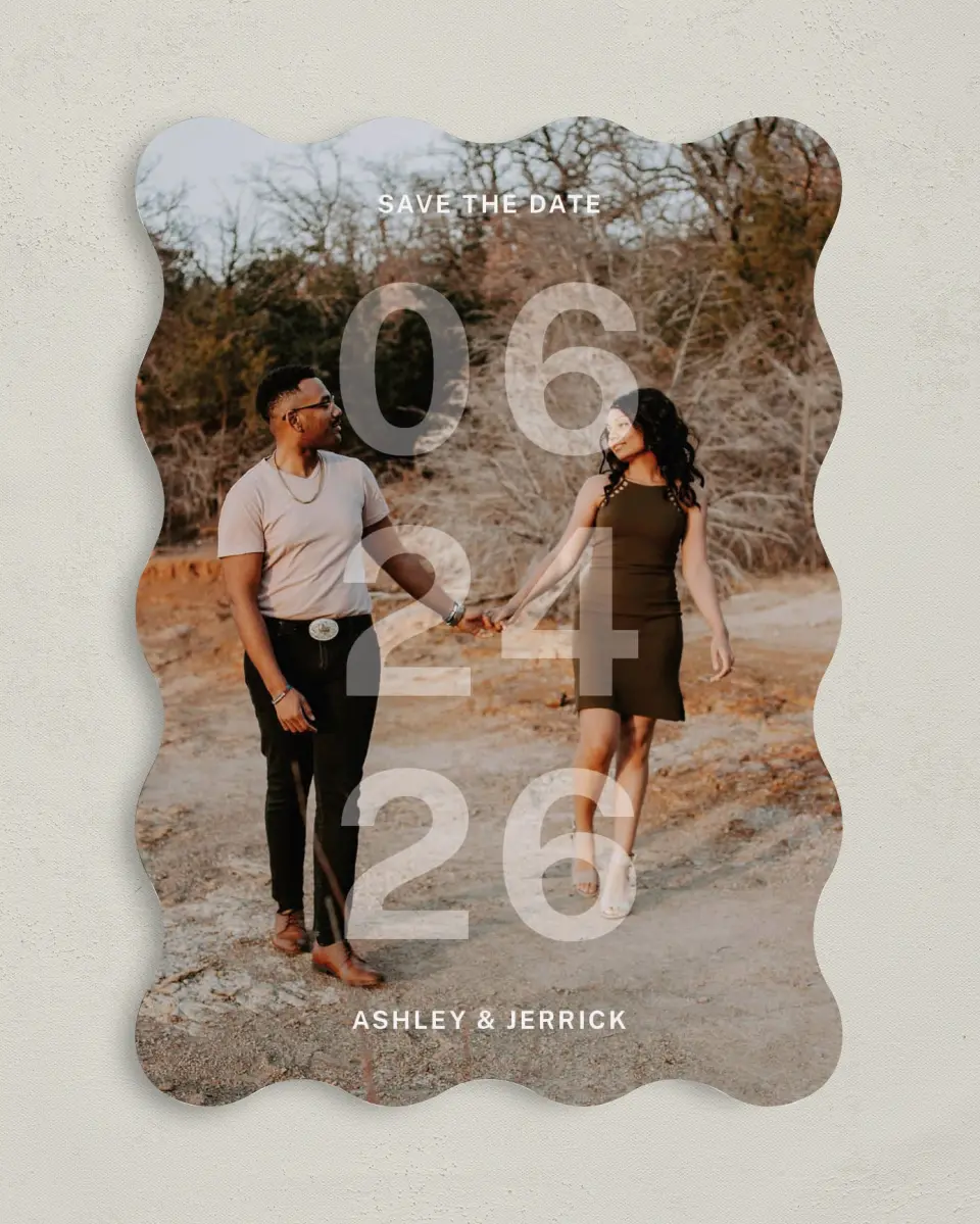 This is a 5" x 7" Save the Date Card called Overlaid Date printed in full color on Premium Smooth paper