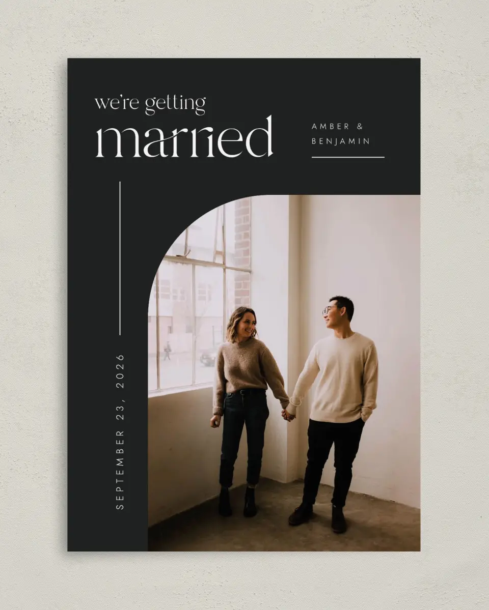This is a 5" x 7" Save the Date Card called Modern Marriage printed in full color on Premium Smooth paper