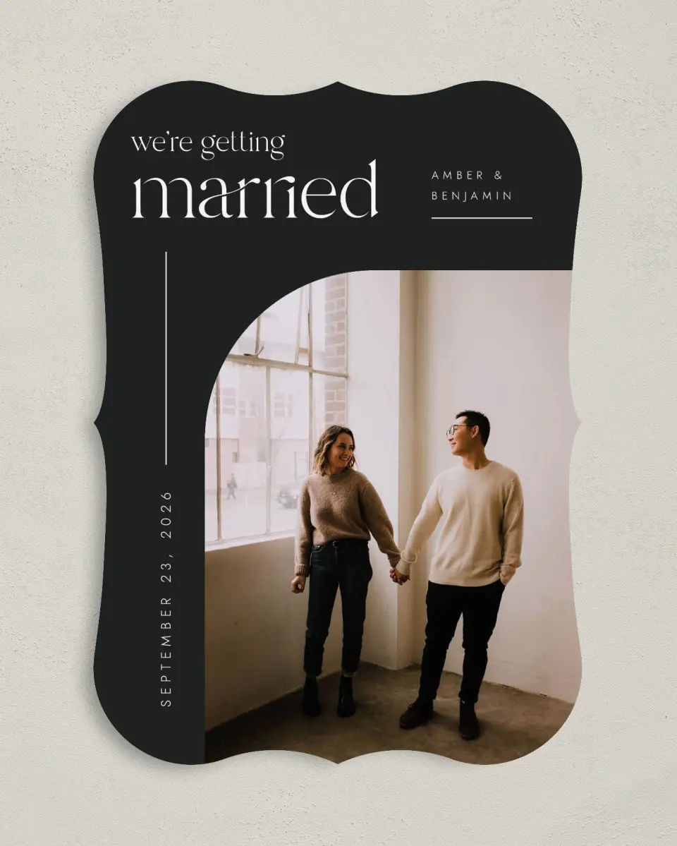 This is a 5" x 7" Save the Date Card called Modern Marriage printed in full color on Premium Smooth paper