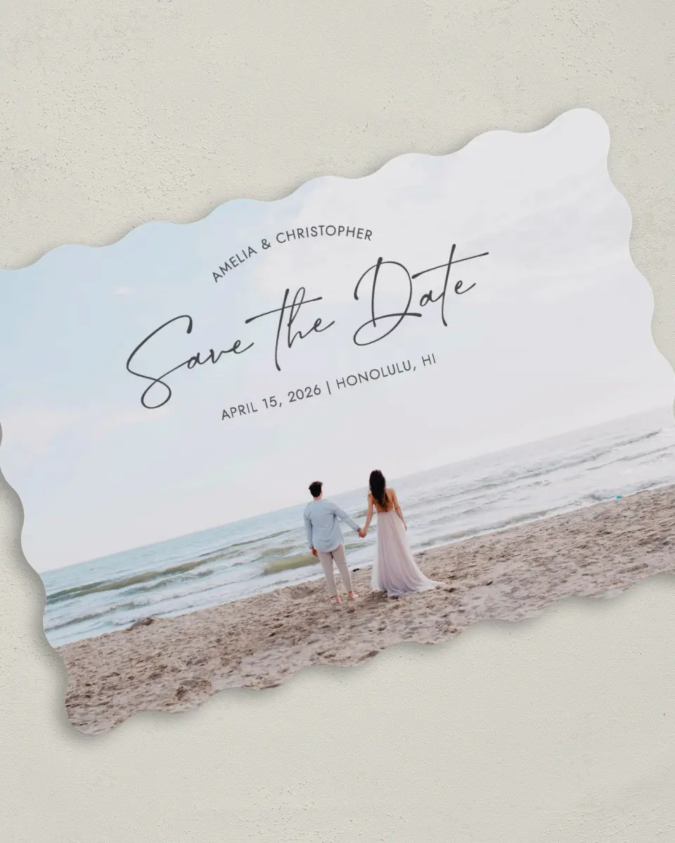 This is a 5" x 7" Save the Date Card called Hand in Hand printed in full color on Premium Smooth paper