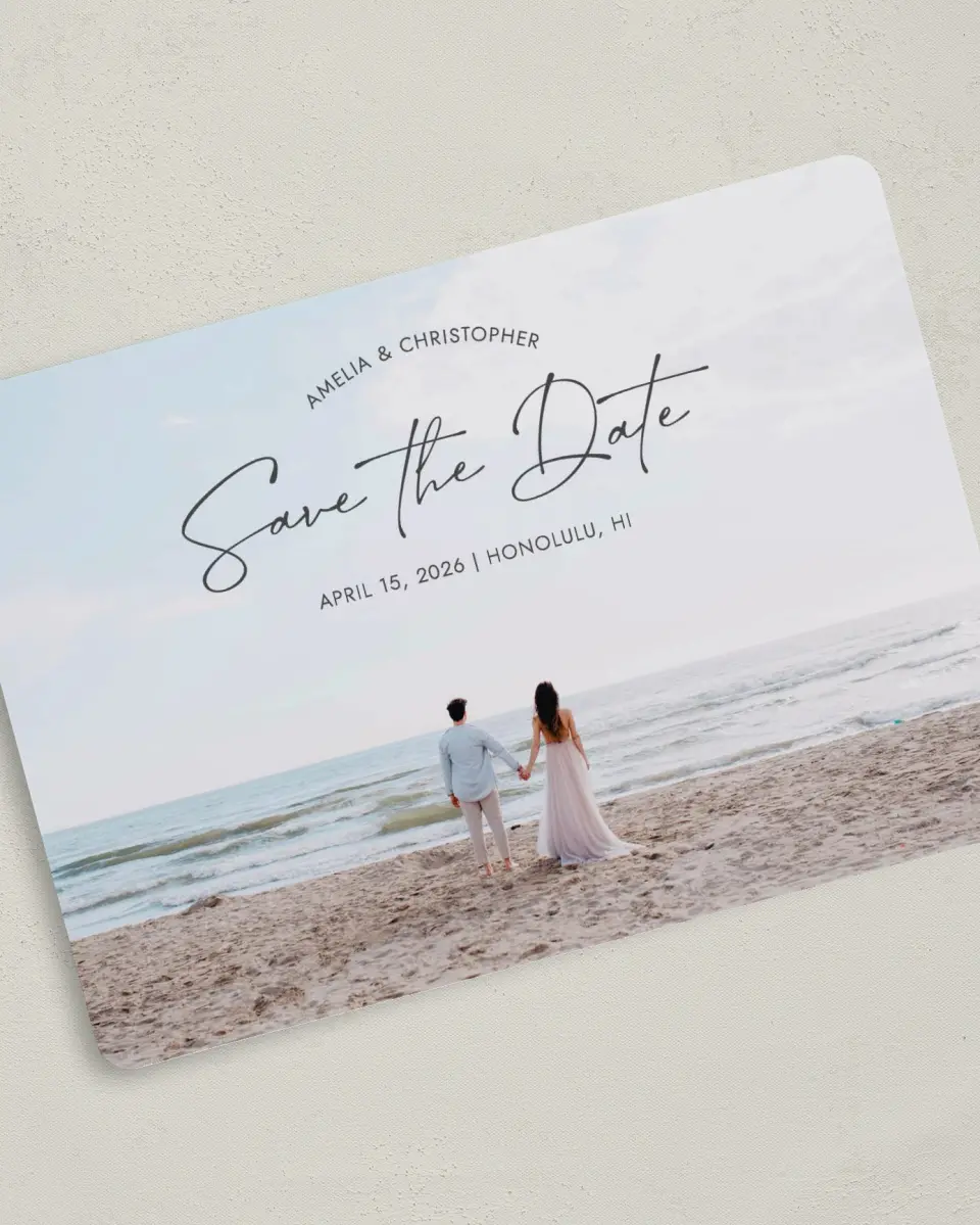 This is a 5" x 7" Save the Date Card called Hand in Hand printed in full color on Premium Smooth paper