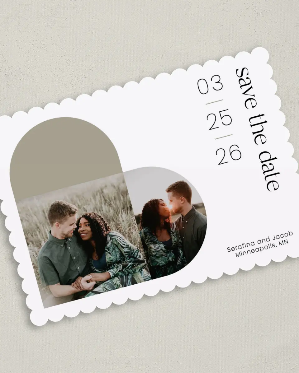 This is a 5" x 7" Save the Date Card called Funky Heart printed in full color on Premium Smooth paper