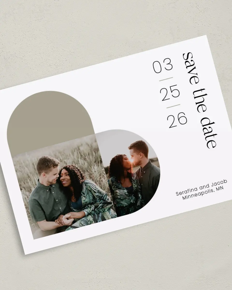 This is a 5" x 7" Save the Date Card called Funky Heart printed in full color on Premium Smooth paper