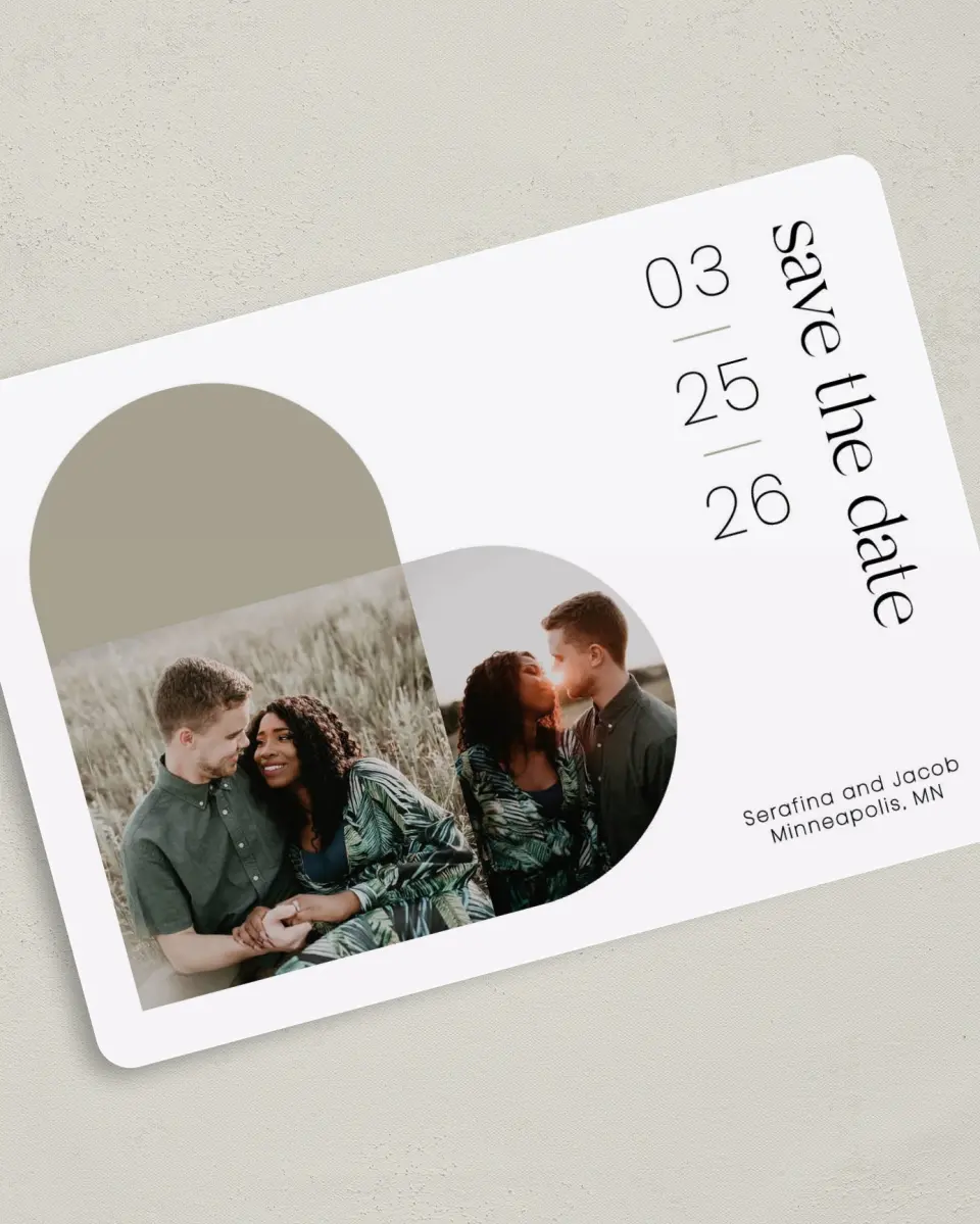 This is a 5" x 7" Save the Date Card called Funky Heart printed in full color on Premium Smooth paper