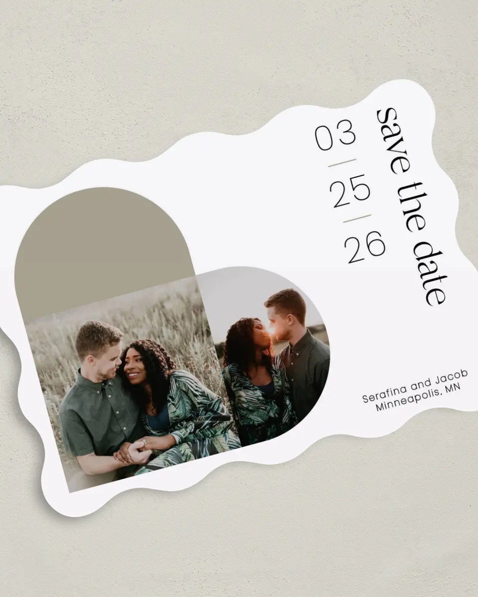 This is a 5" x 7" Save the Date Card called Funky Heart printed in full color on Premium Smooth paper