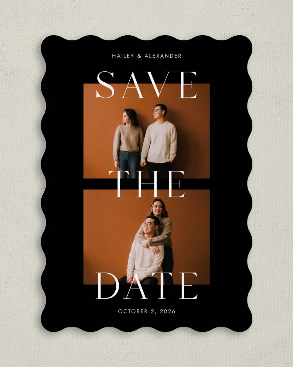 This is a 5" x 7" Save the Date Card called Bold Devotion printed in full color on Premium Smooth paper