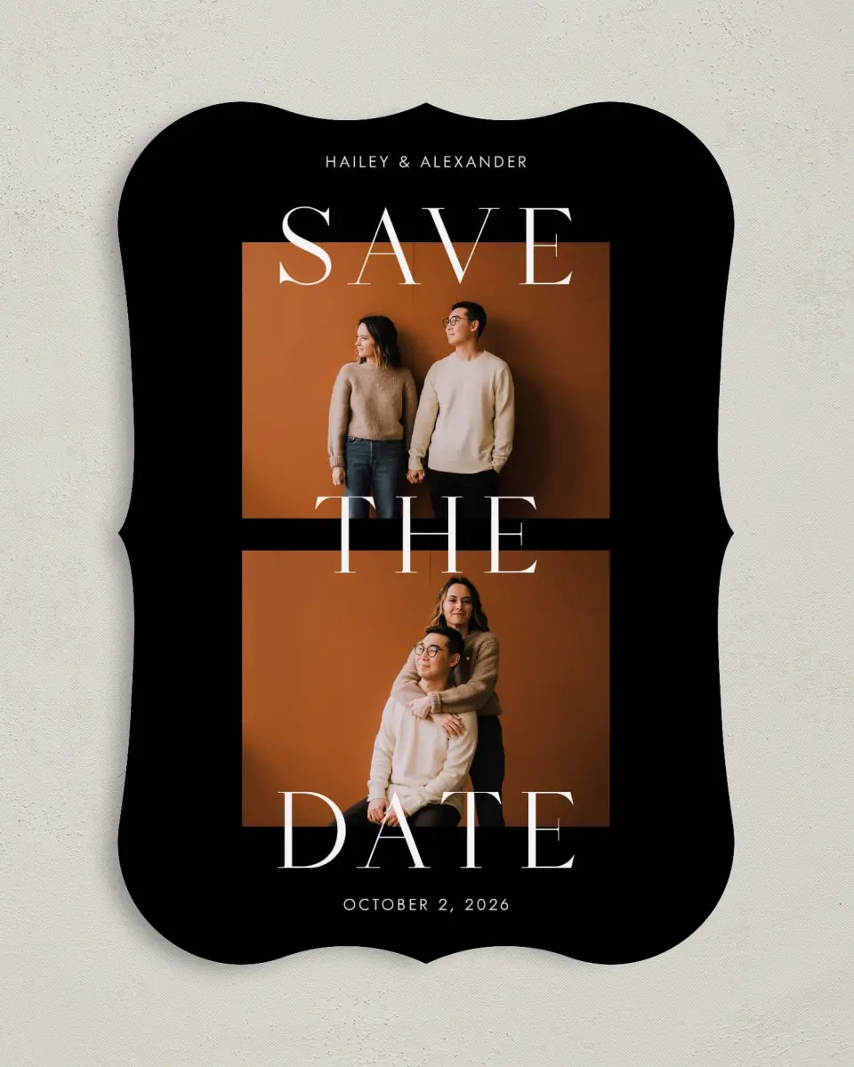 This is a 5" x 7" Save the Date Card called Bold Devotion printed in full color on Premium Smooth paper