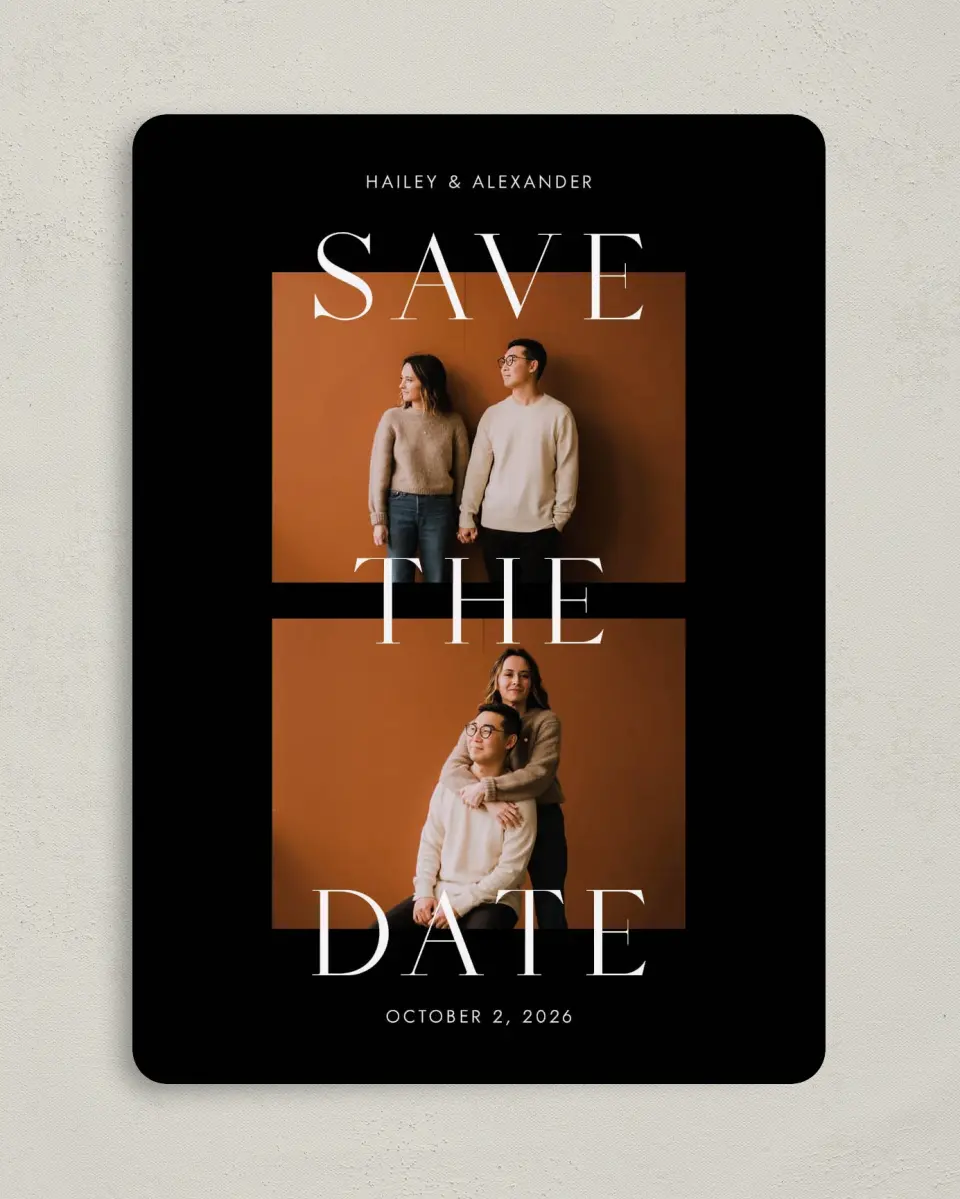 This is a 5" x 7" Save the Date Card called Bold Devotion printed in full color on Premium Smooth paper