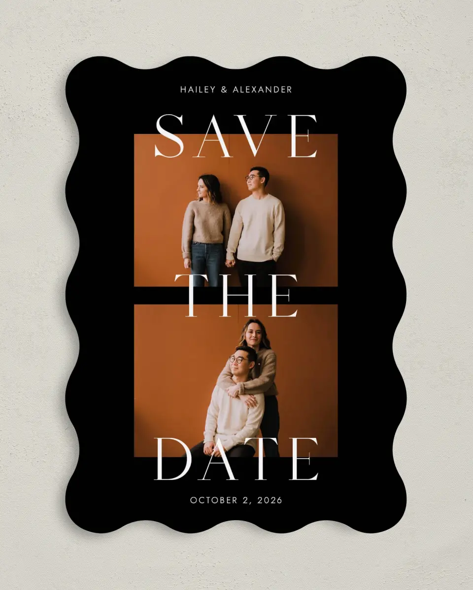 This is a 5" x 7" Save the Date Card called Bold Devotion printed in full color on Premium Smooth paper