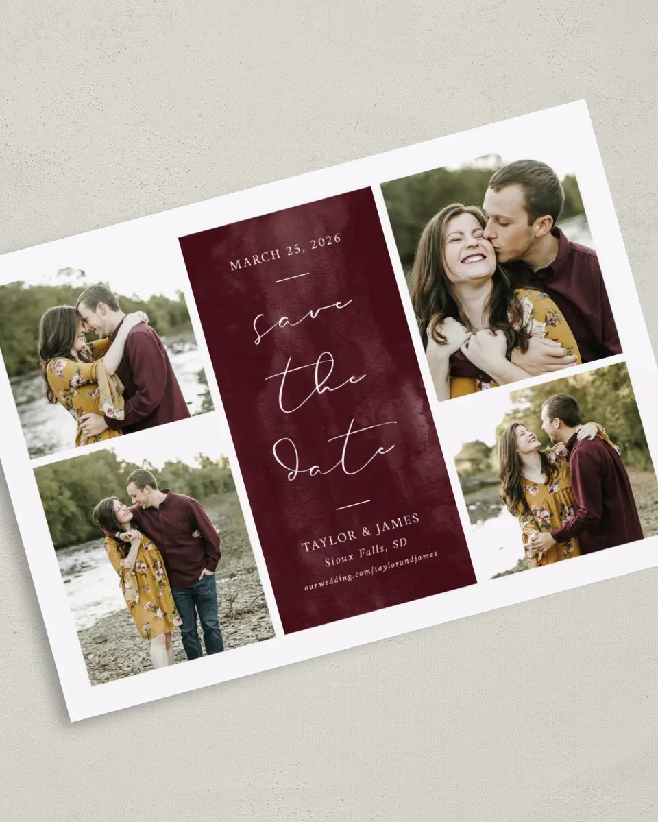 This is a 5" x 7" Save the Date Card called Watercolor Collage printed in full color on Premium Smooth paper