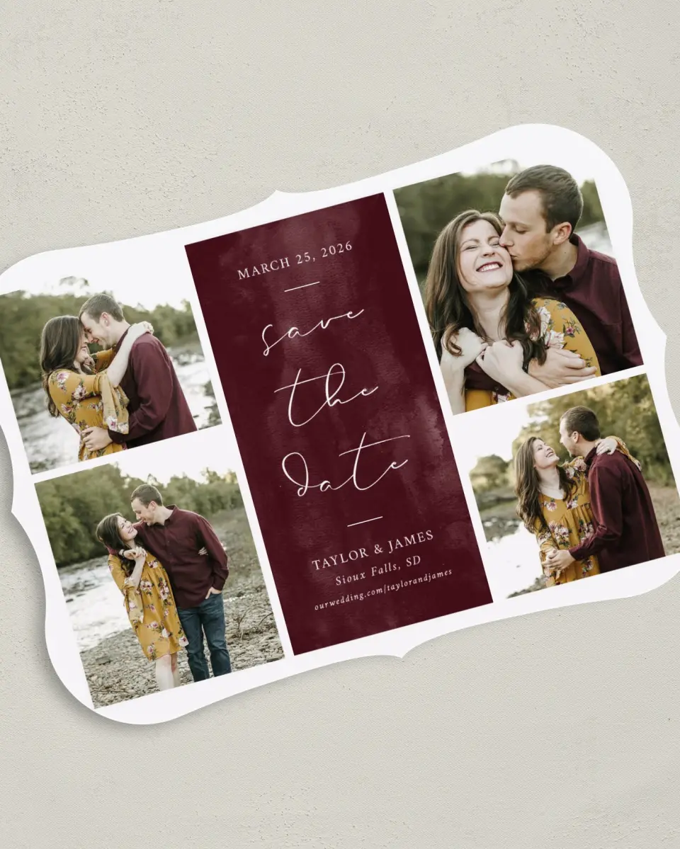 This is a 5" x 7" Save the Date Card called Watercolor Collage printed in full color on Premium Smooth paper