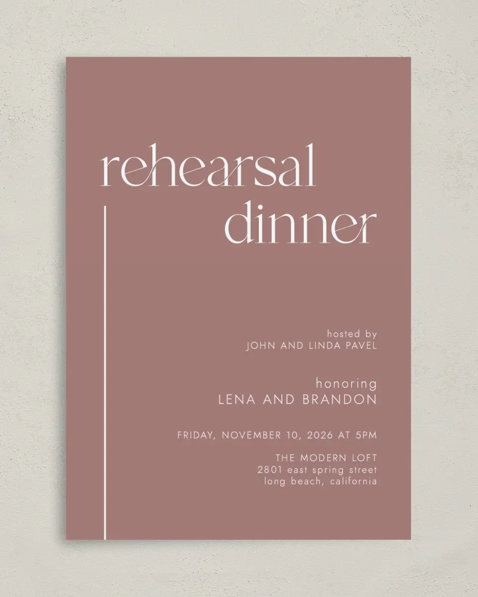 This is a 5" x 7" Rehearsal Dinner Invitation called Modern Line printed in full color on Premium Smooth paper
