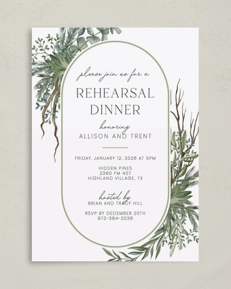 This is a 5" x 7" Rehearsal Dinner Invitation called Rehearsal Greenery printed in full color on Premium Smooth paper