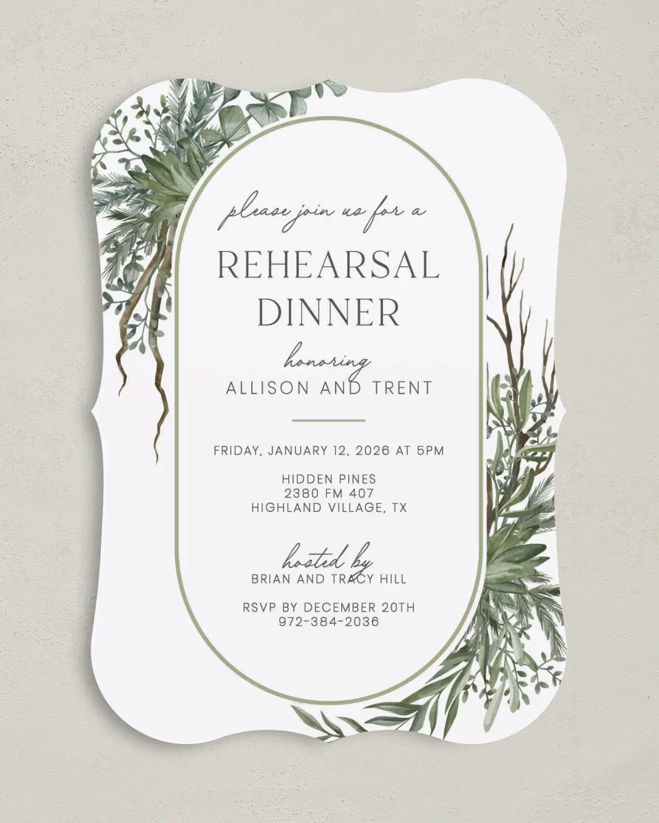 This is a 5" x 7" Rehearsal Dinner Invitation called Rehearsal Greenery printed in full color on Premium Smooth paper