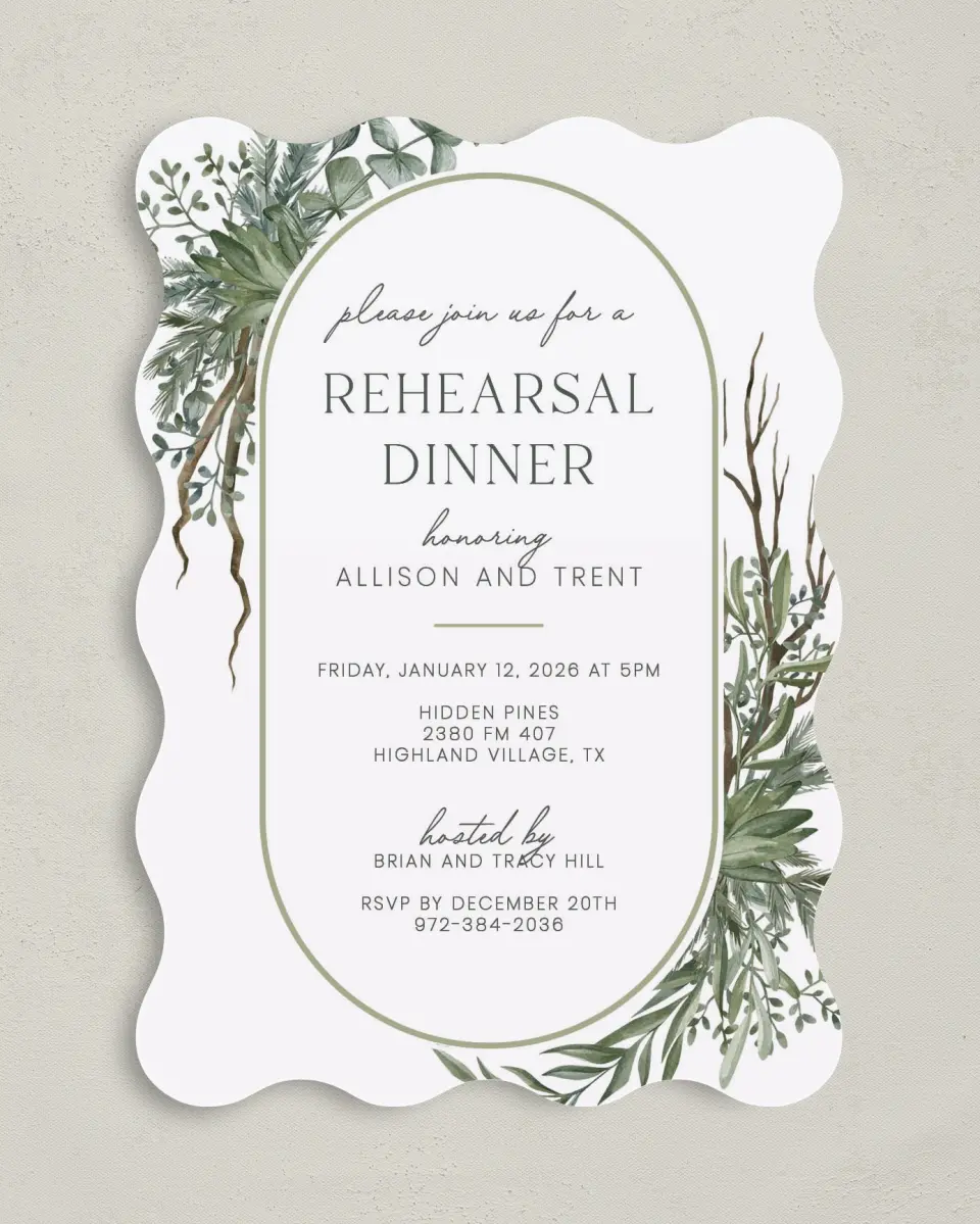 This is a 5" x 7" Rehearsal Dinner Invitation called Rehearsal Greenery printed in full color on Premium Smooth paper