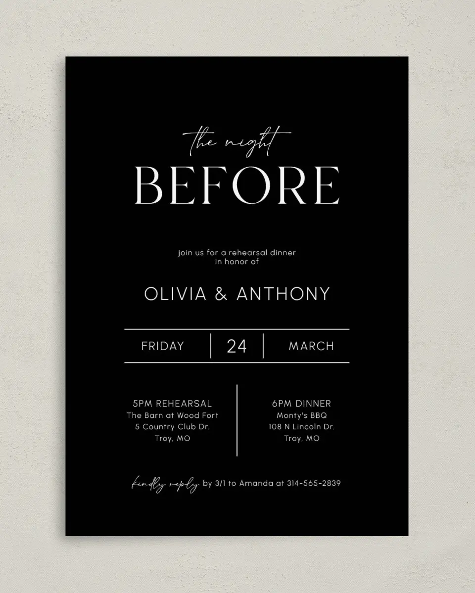 This is a 5" x 7" Rehearsal Dinner Invitation called Night Before Bash printed in full color with Gold foil on Luxe Satin (coated) paper