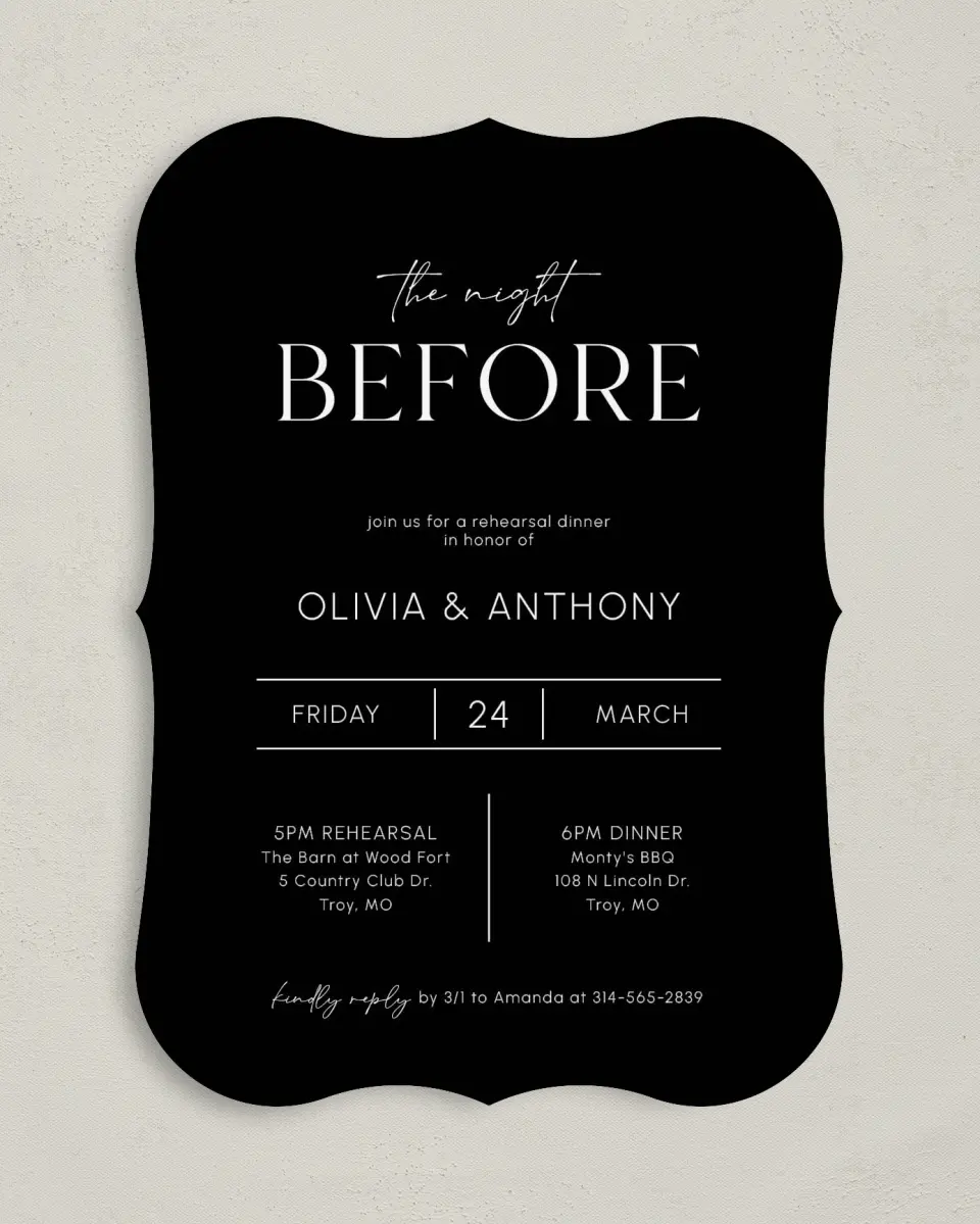This is a 5" x 7" Rehearsal Dinner Invitation called Night Before Bash printed in full color on Premium Smooth paper