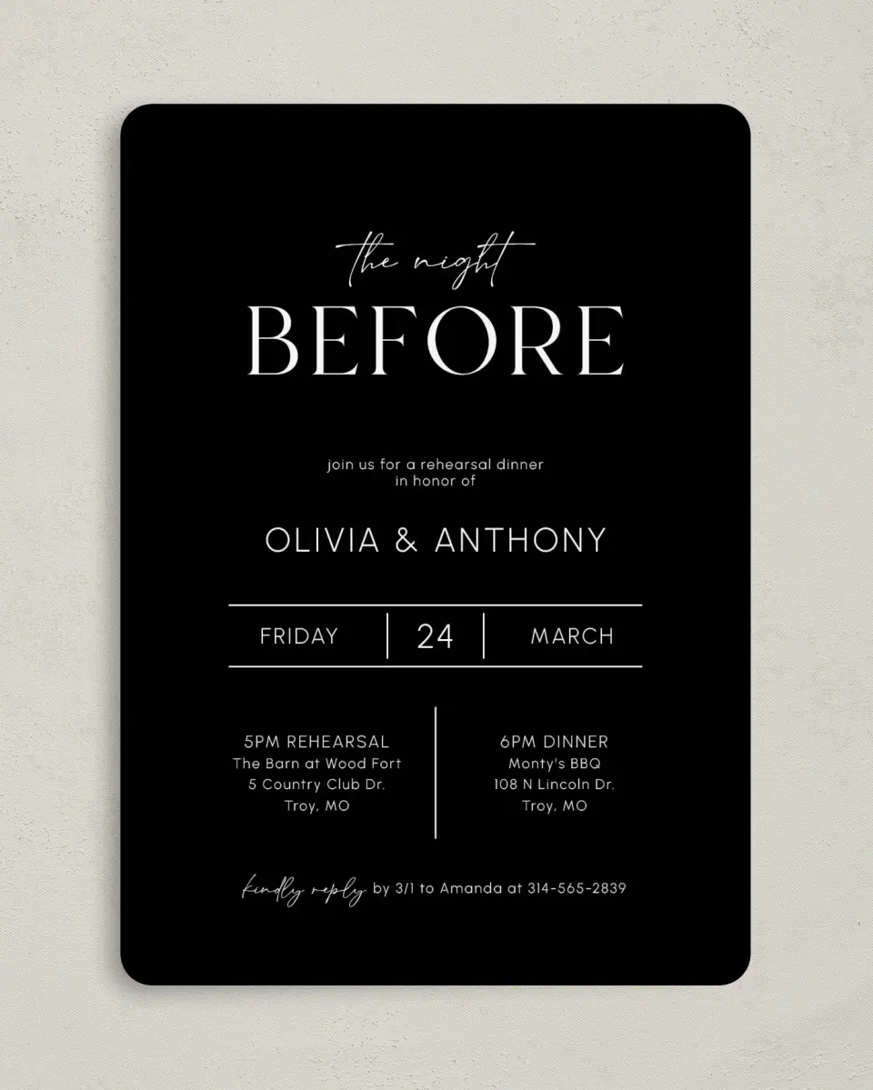 This is a 5" x 7" Rehearsal Dinner Invitation called Night Before Bash printed in full color on Premium Smooth paper