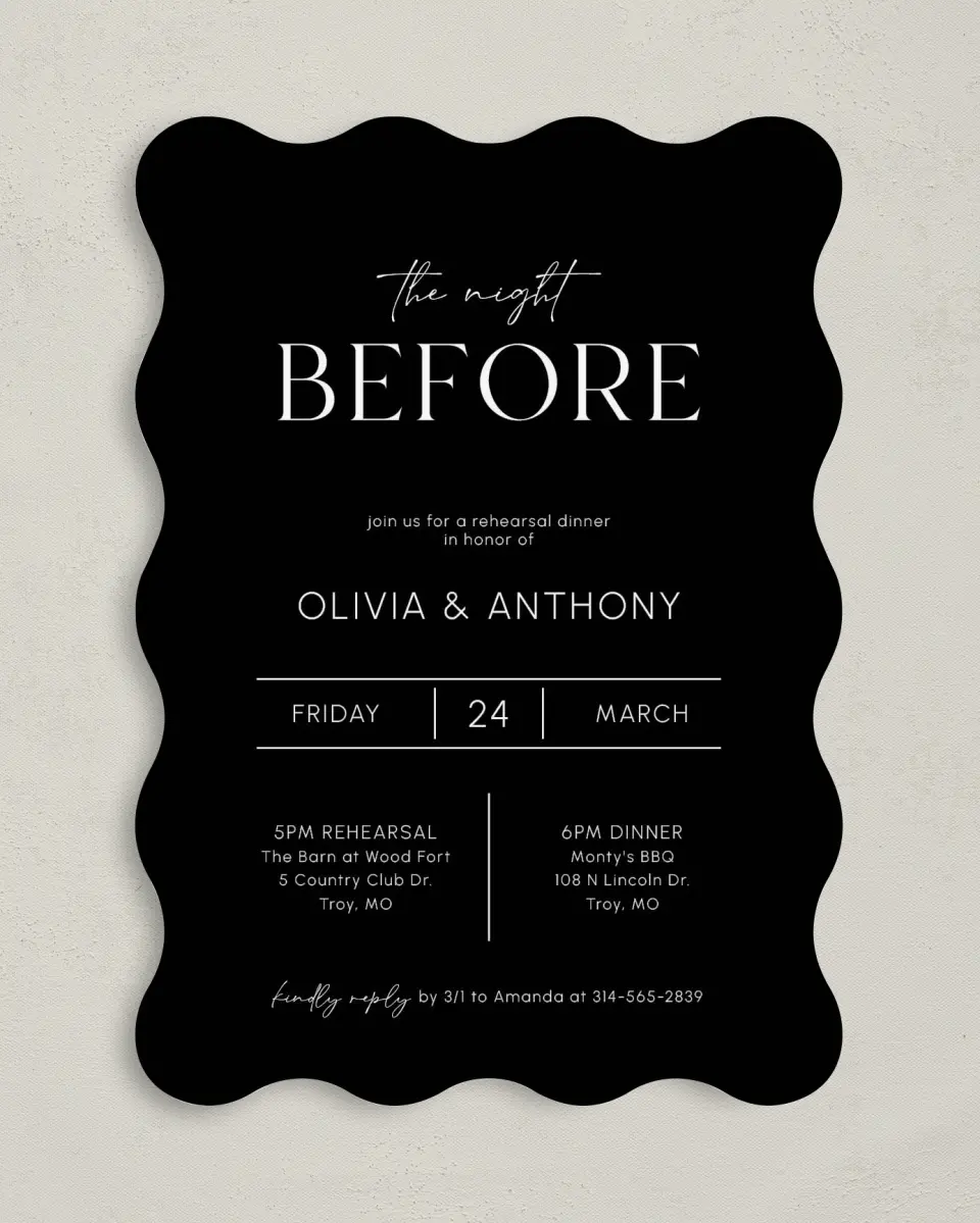 This is a 5" x 7" Rehearsal Dinner Invitation called Night Before Bash printed in full color on Premium Smooth paper
