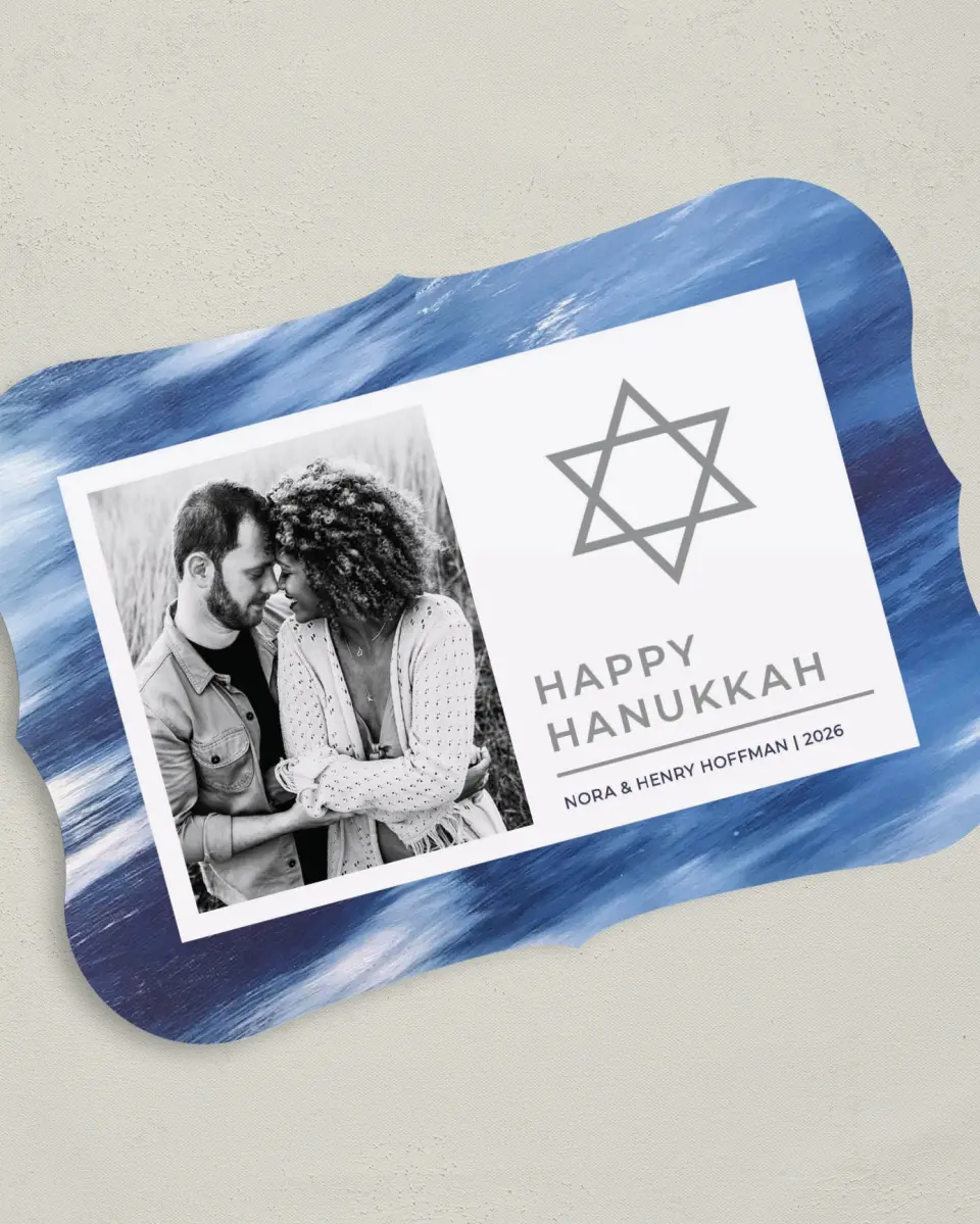 This is a 5" x 7" Hanukkah Card called Brushed Hanukkah printed in full color with Silver foil on Luxe Satin (coated) paper