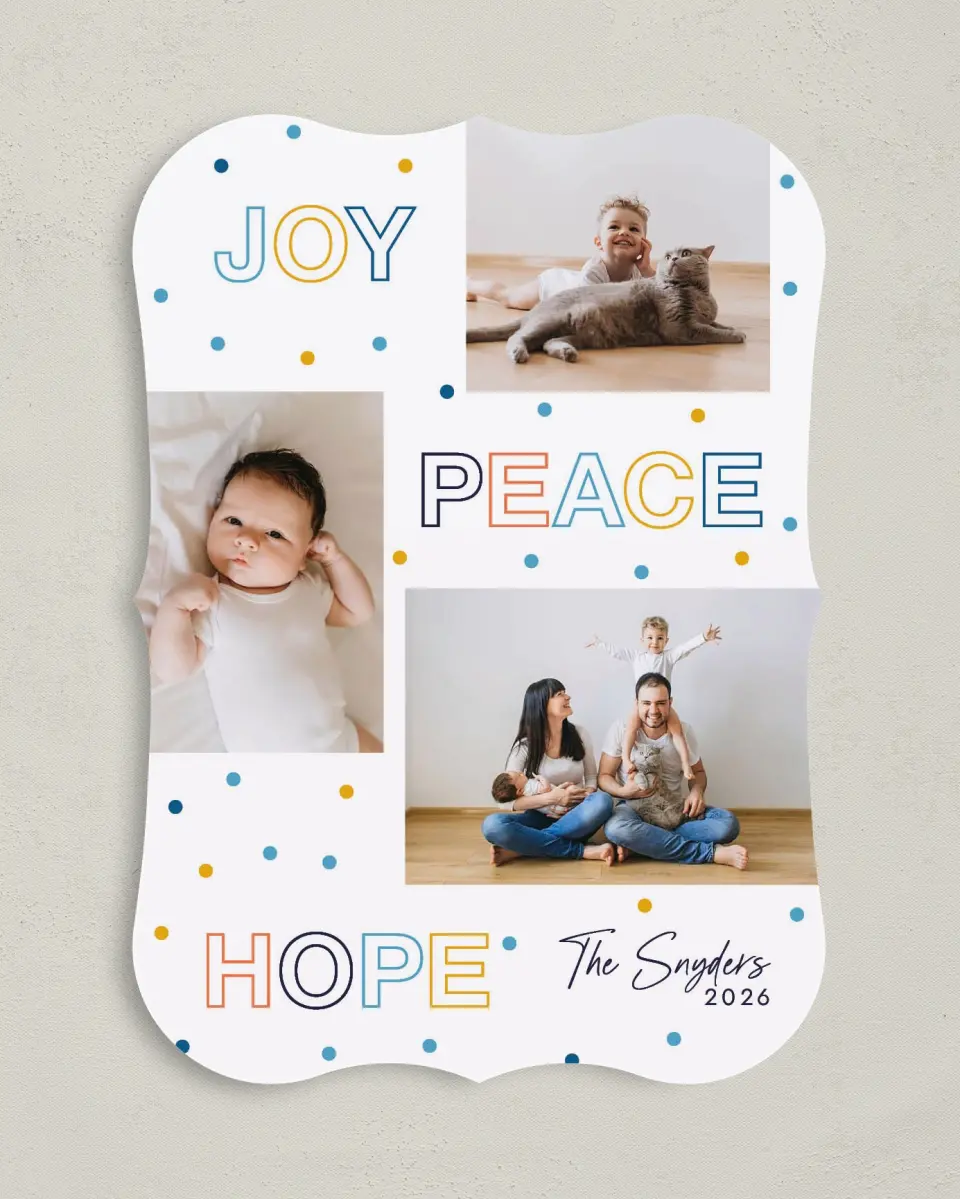 This is a 5" x 7" Hanukkah Card called Confetti Holidays printed in full color with Silver foil on Luxe Satin (coated) paper