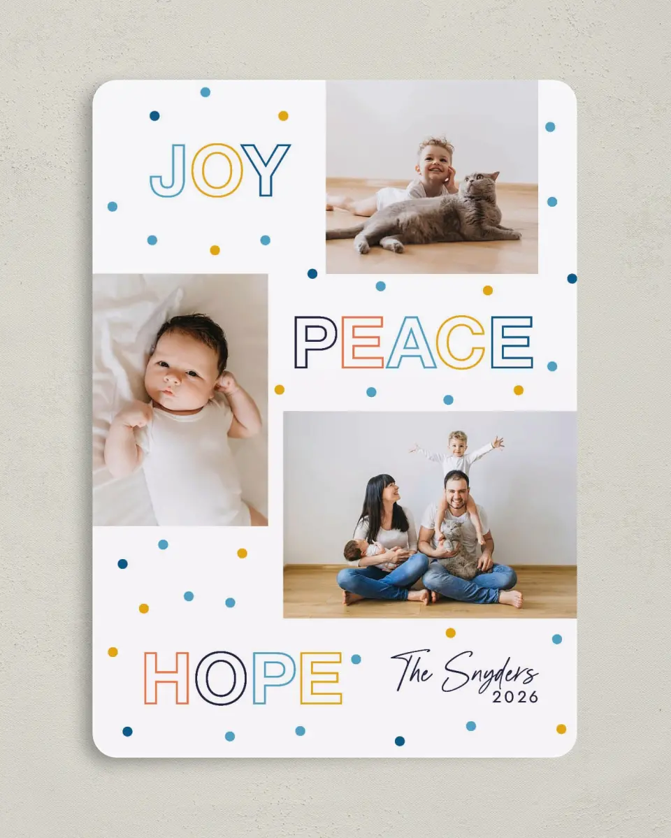 This is a 5" x 7" Hanukkah Card called Confetti Holidays printed in full color with Silver foil on Luxe Satin (coated) paper
