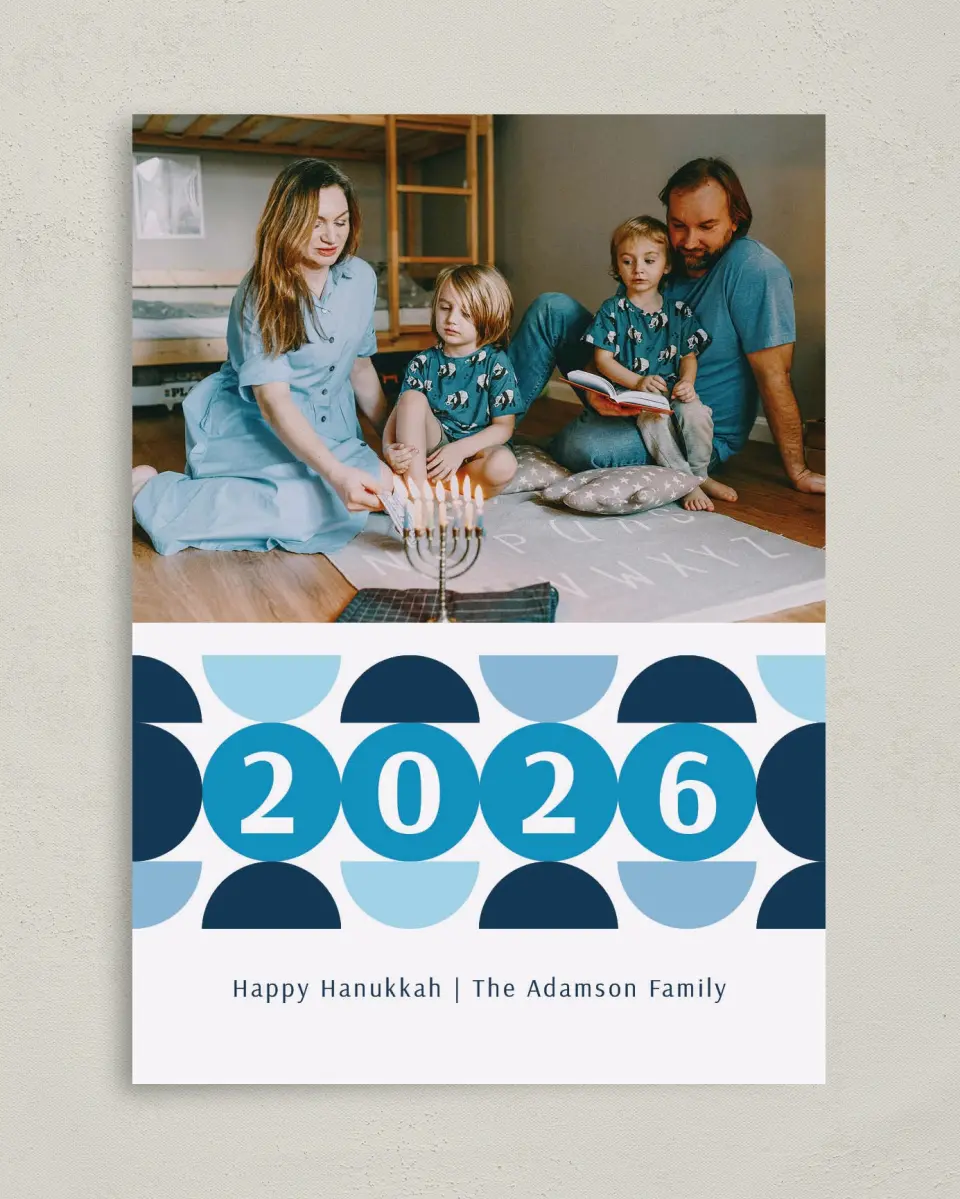 This is a 5" x 7" Hanukkah Card called Tiled Traditions printed in full color with Silver foil on Luxe Satin (coated) paper