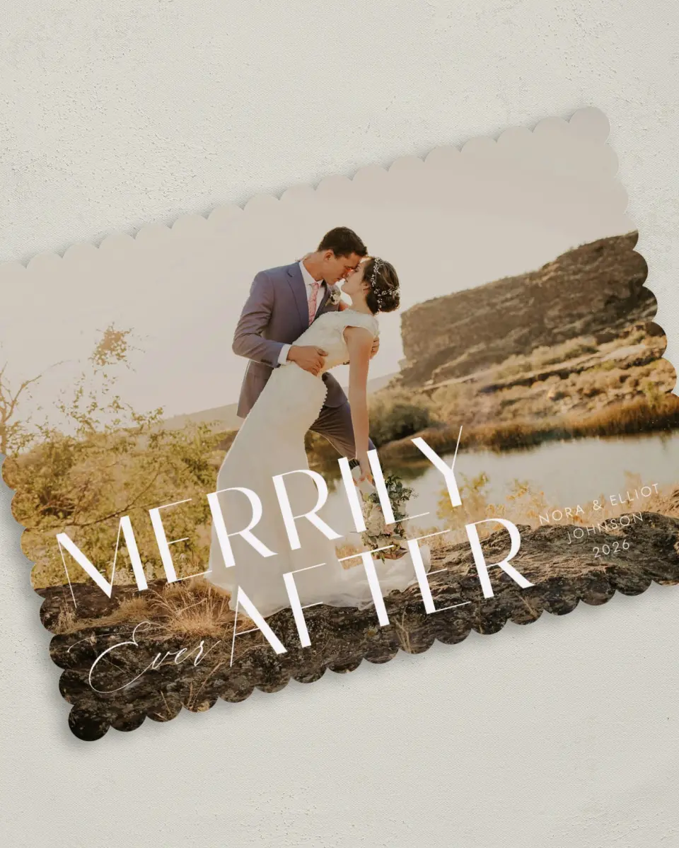 This is a 5" x 7" Christmas Card called Merrily Every After printed in full color on Premium Smooth paper on Premium Smooth paper on Premium Smooth paper