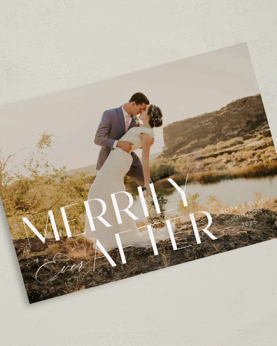 This is a 5" x 7" Christmas Card called Merrily Every After printed in full color with Gold foil on Soft Suede (coated) paper
