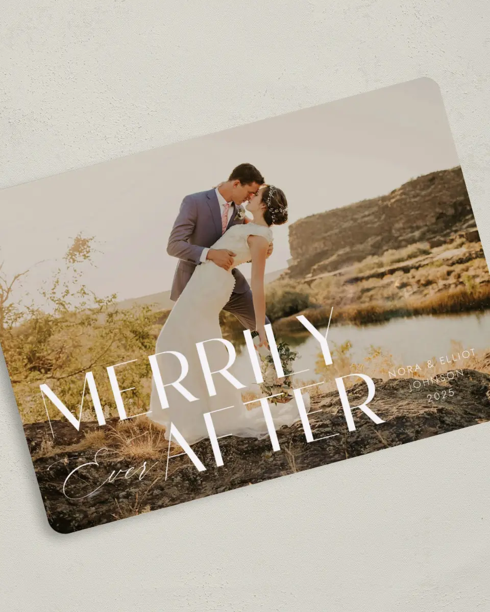 This is a 5" x 7" Christmas Card called Merrily Every After printed in full color on Premium Smooth paper