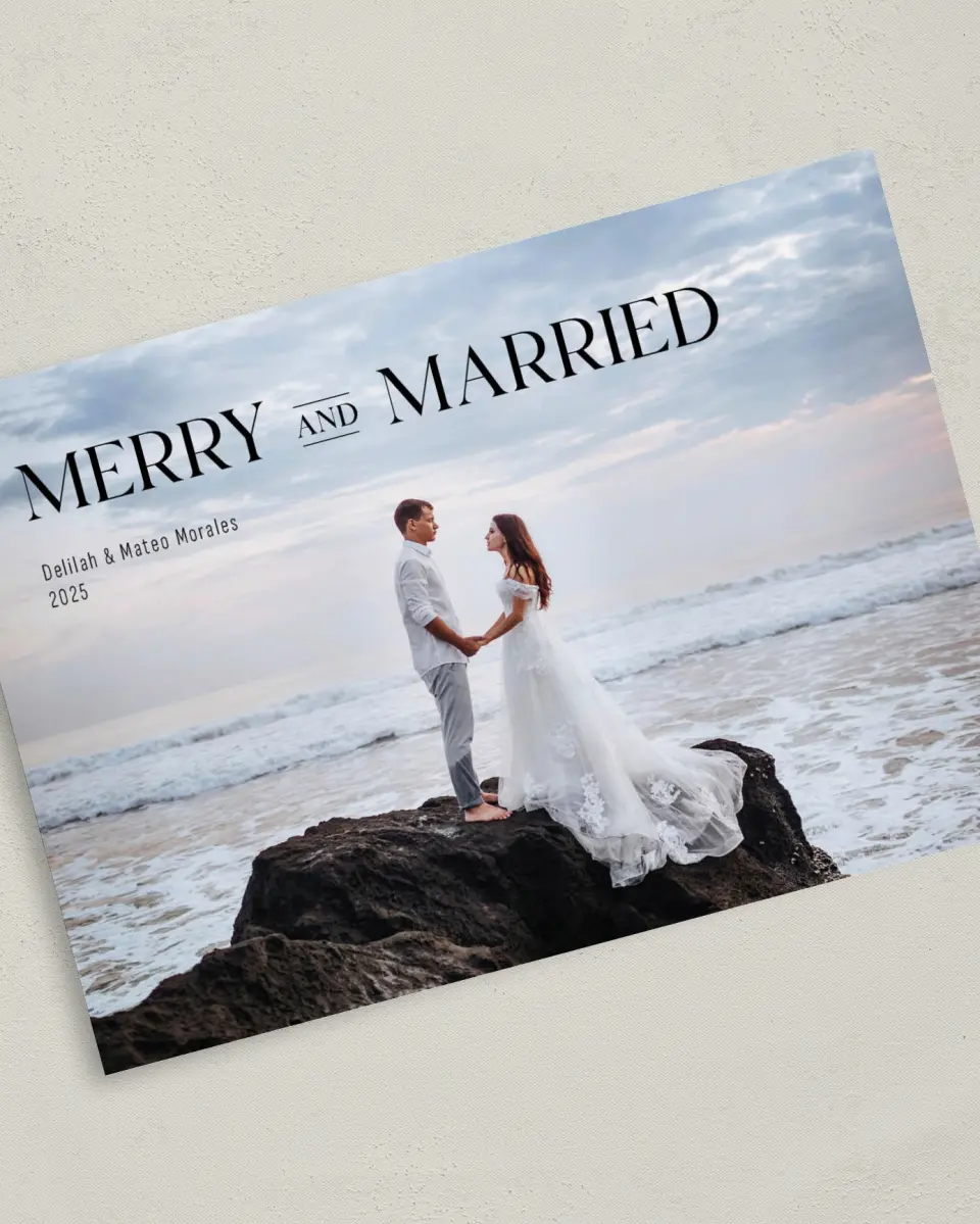 This is a 5" x 7" Christmas Card called Merry Panorama printed in full color with Gold foil on Soft Suede (coated) paper