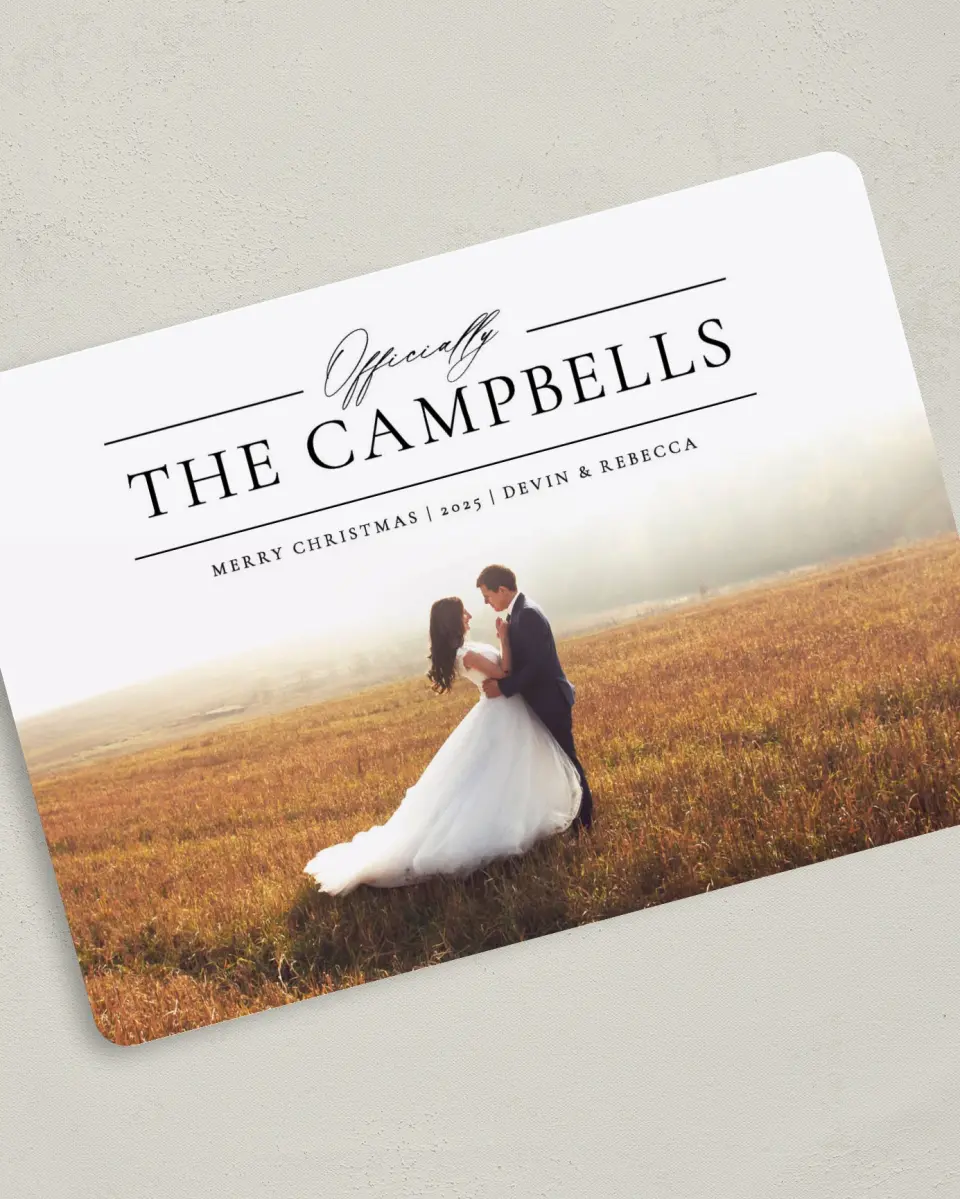 This is a 5" x 7" Christmas Card called Officially printed in full color with Gold foil on Soft Suede (coated) paper
