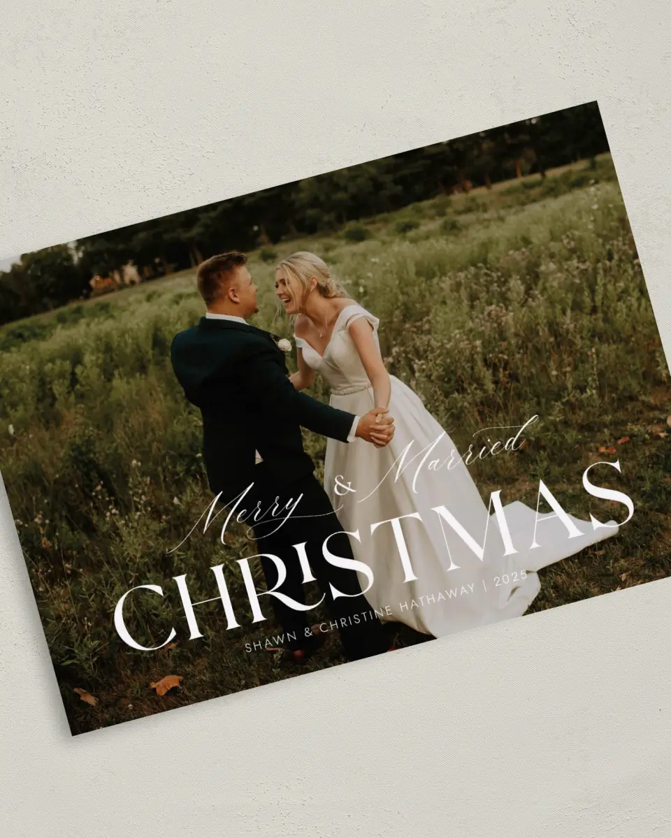 This is a 5" x 7" Christmas Card called Scripted Merry printed in full color with Gold foil on Soft Suede (coated) paper