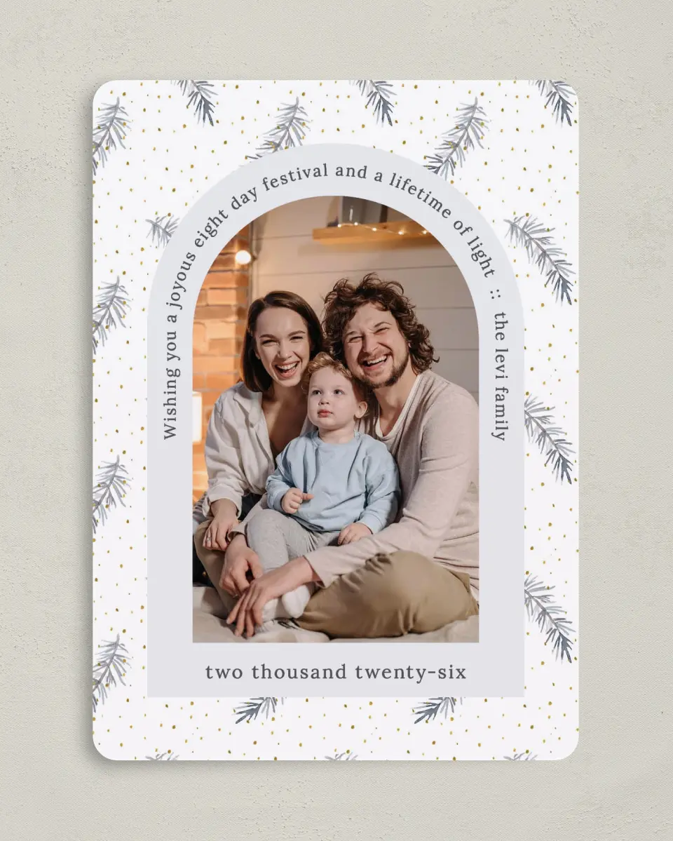 This is a 5" x 7" Hanukkah Card called Arched Wishes printed in full color with Silver foil on Luxe Satin (coated) paper