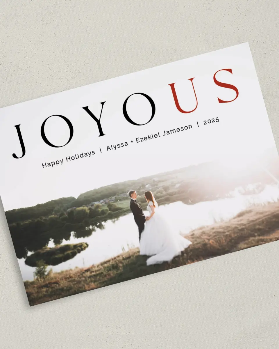 This is a 5" x 7" Christmas Card called Joy for Us printed in full color with Gold foil on Soft Suede (coated) paper