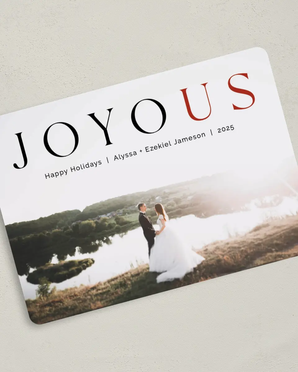 This is a 5" x 7" Christmas Card called Joy for Us printed in full color on Premium Smooth paper