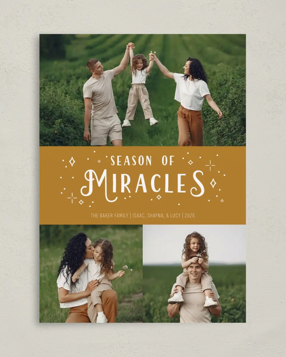 This is a 5" x 7" Hanukkah Card called Season of Miracles printed in full color with Silver foil on Luxe Satin (coated) paper