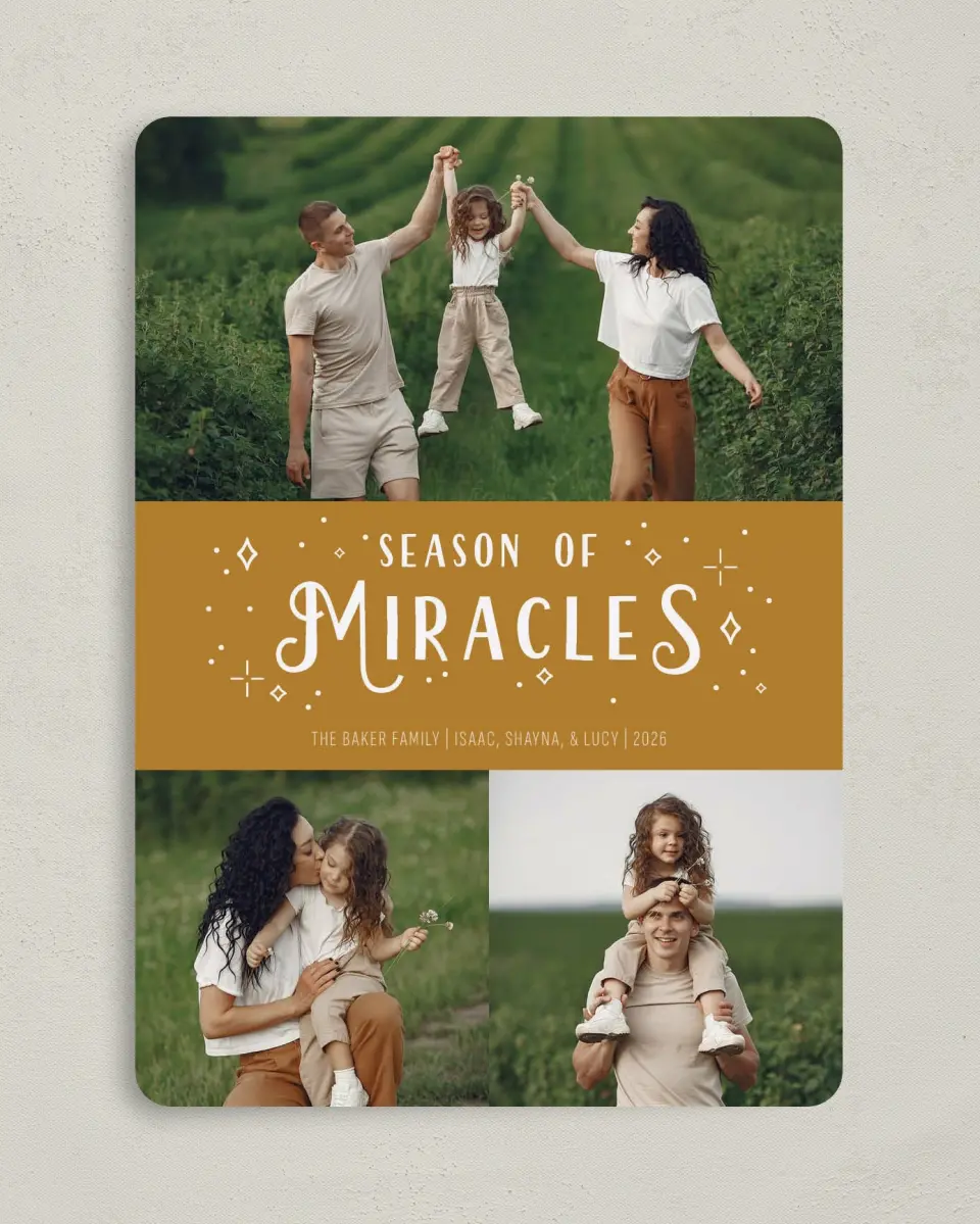 This is a 5" x 7" Hanukkah Card called Season of Miracles printed in full color with Silver foil on Luxe Satin (coated) paper