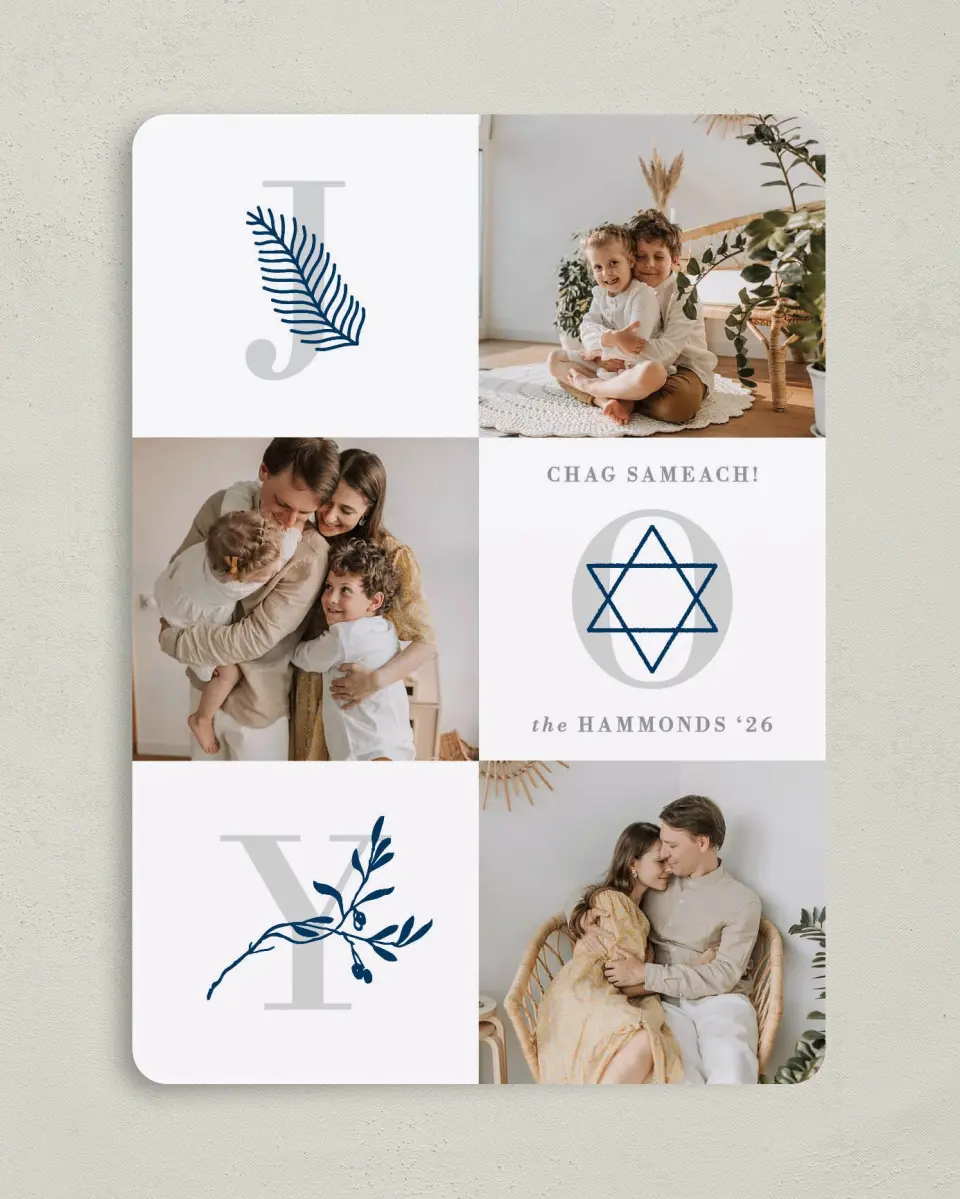 This is a 5" x 7" Hanukkah Card called Olive the Joy printed in full color with Silver foil on Luxe Satin (coated) paper