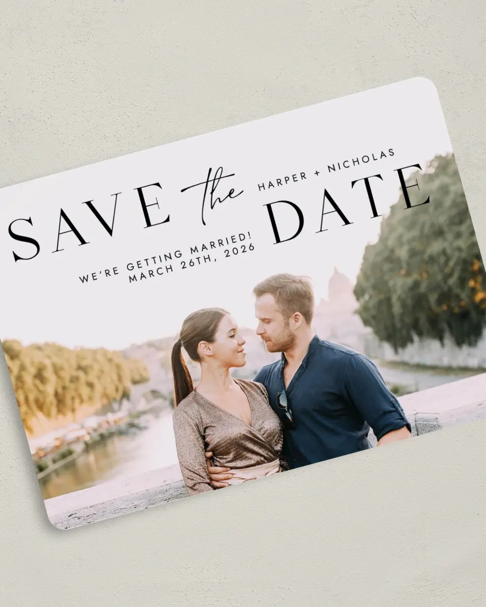 This is a 5" x 7" Save the Date Card called Spacious Idea printed in full color on Premium Smooth paper