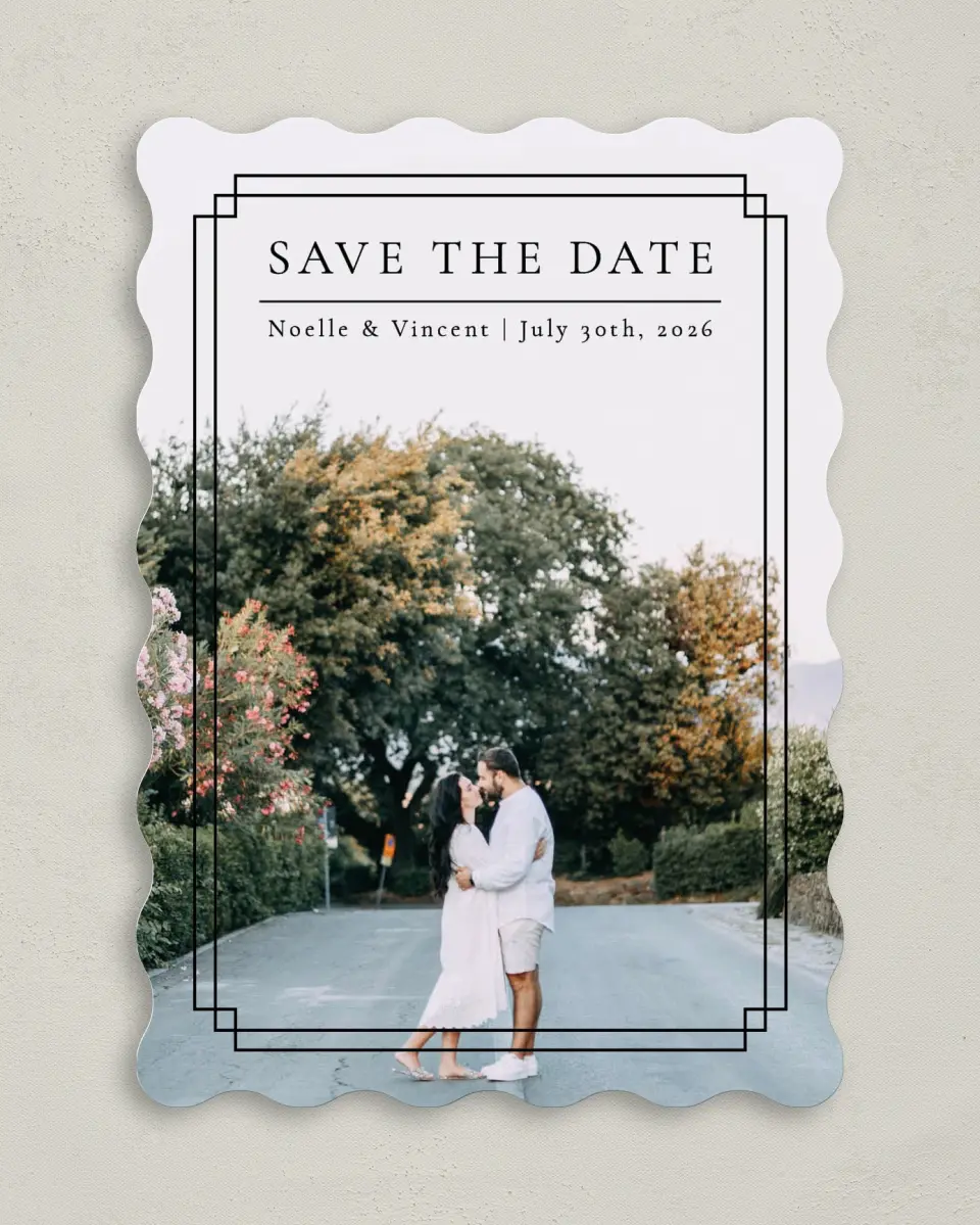 This is a 5" x 7" Save the Date Card called Exemplary Detail printed in full color with Rose Gold foil on Luxe Satin (coated) paper