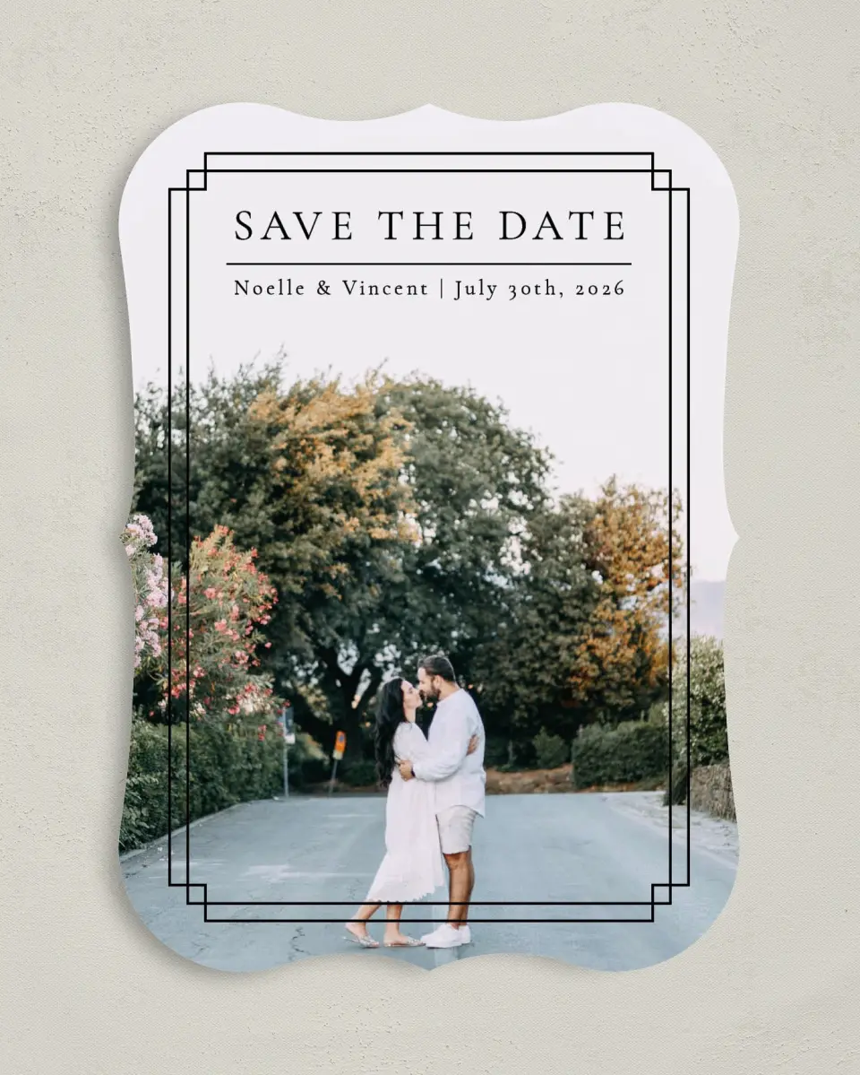 This is a 5" x 7" Save the Date Card called Exemplary Detail printed in full color on Premium Smooth paper