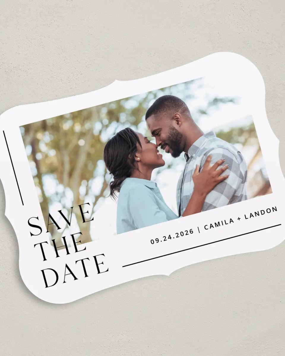 This is a 5" x 7" Save the Date Card called Perfect Line printed in full color on Premium Smooth paper