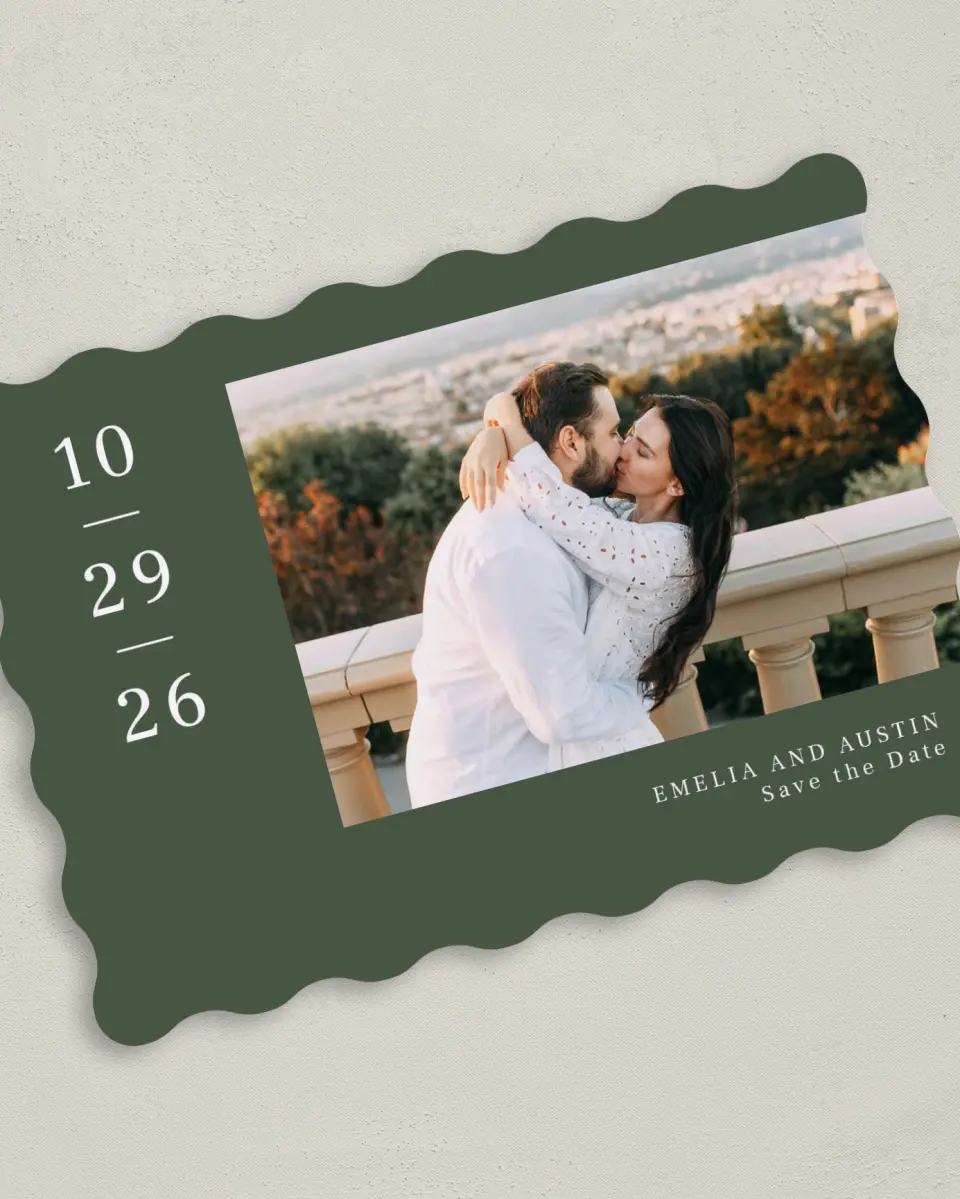 This is a 5" x 7" Save the Date Card called Magnificent Margin printed in full color on Premium Smooth paper